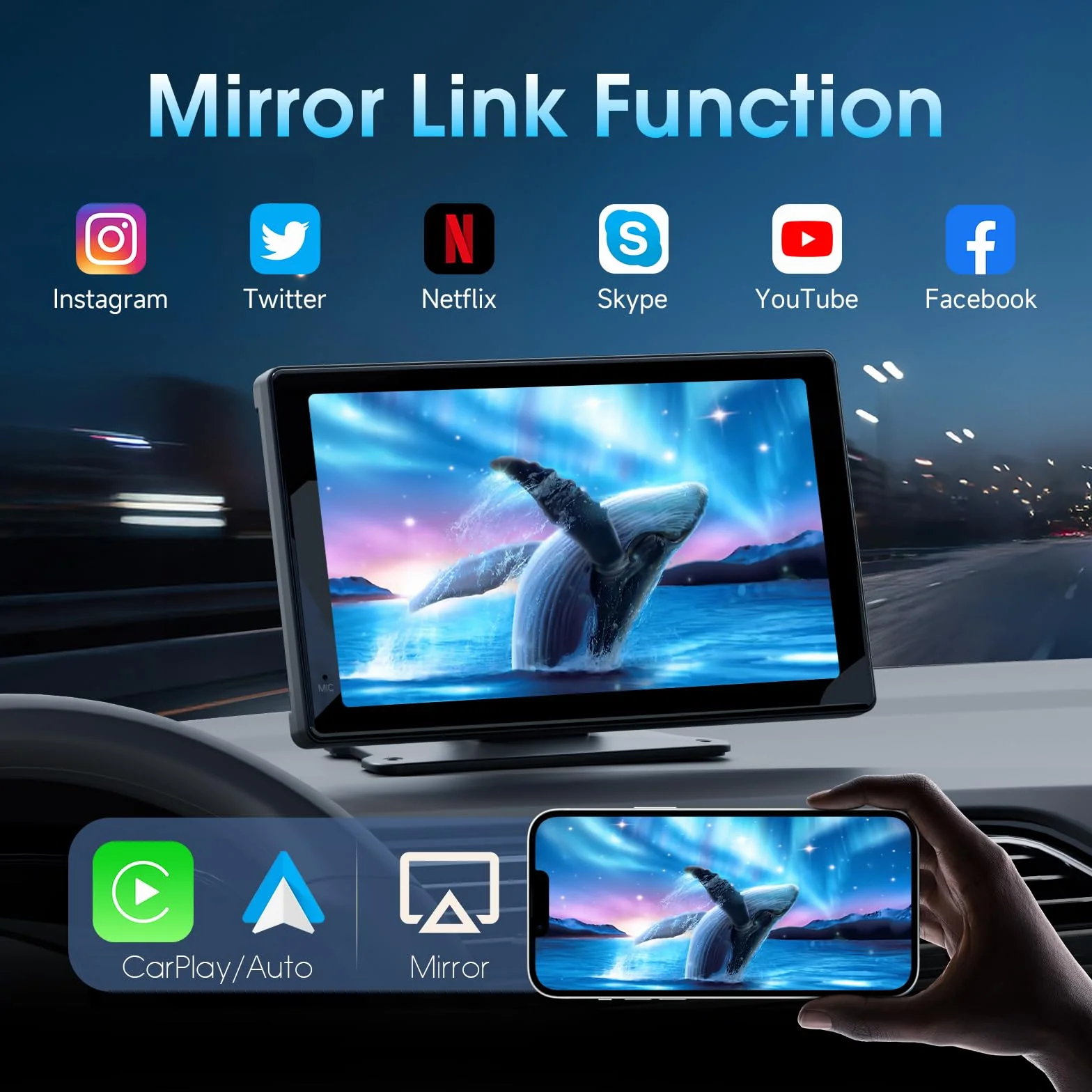 Haudio 7-calowy ekran Carplay do Apple & Android Auto, przenośne radio samochodowe z tylną kamerą 1080p, bezprzewodowe odtwarzanie samochodu ze sterowaniem głosem i łączem lustra, ekran dotykowy audio