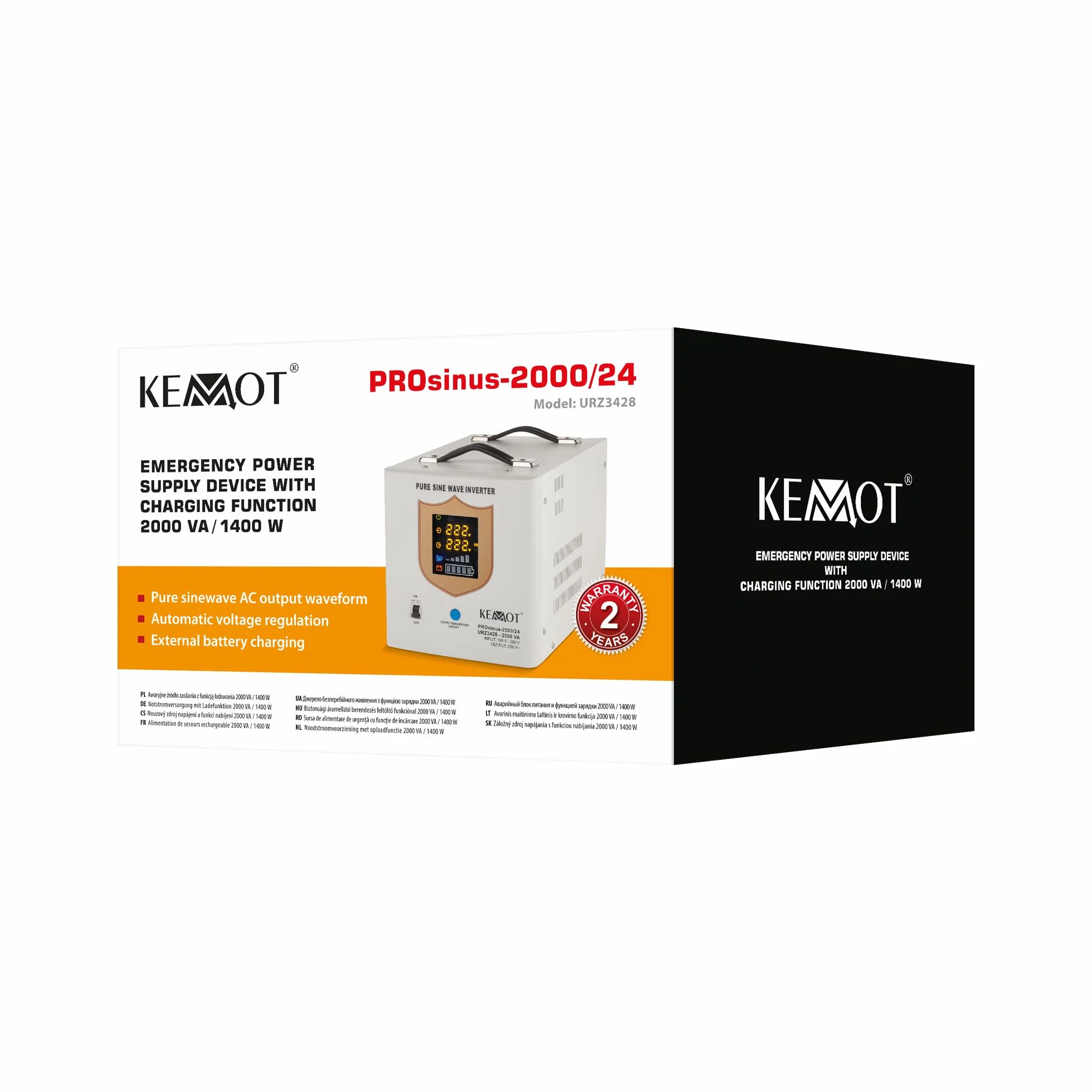 Kemot Zasilacz Awaryjny PROsinus-2000 URZ3428 Przetwornica Z Czystym Przebiegiem Sinusoidalnym I Funkcją Ładowania 24V 230V 2000VA/1400W
