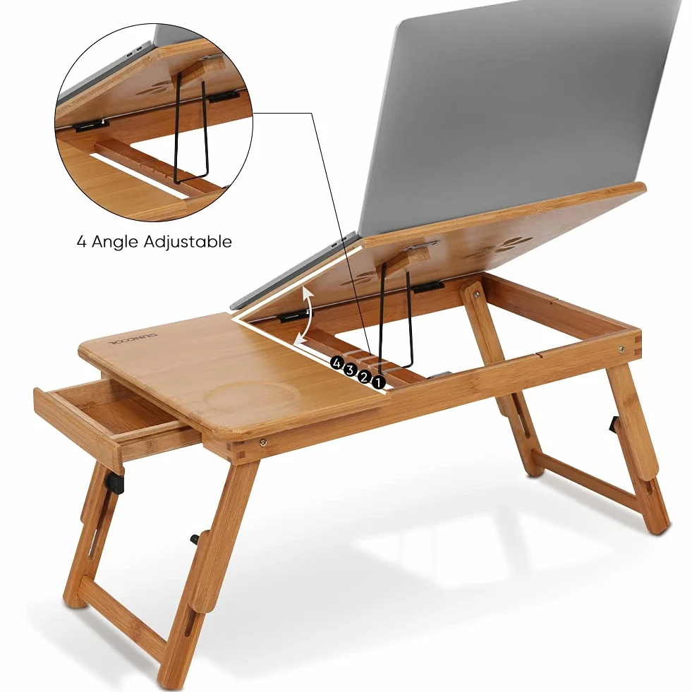 Bambusowe biurko na laptopa, składany stolik na laptopa, regulowana taca na laptopa biurko na kolana do laptopa śniadanie taca na łóżko z przegrodą szufladą kubek miejsce rowek otwory chłodzące,