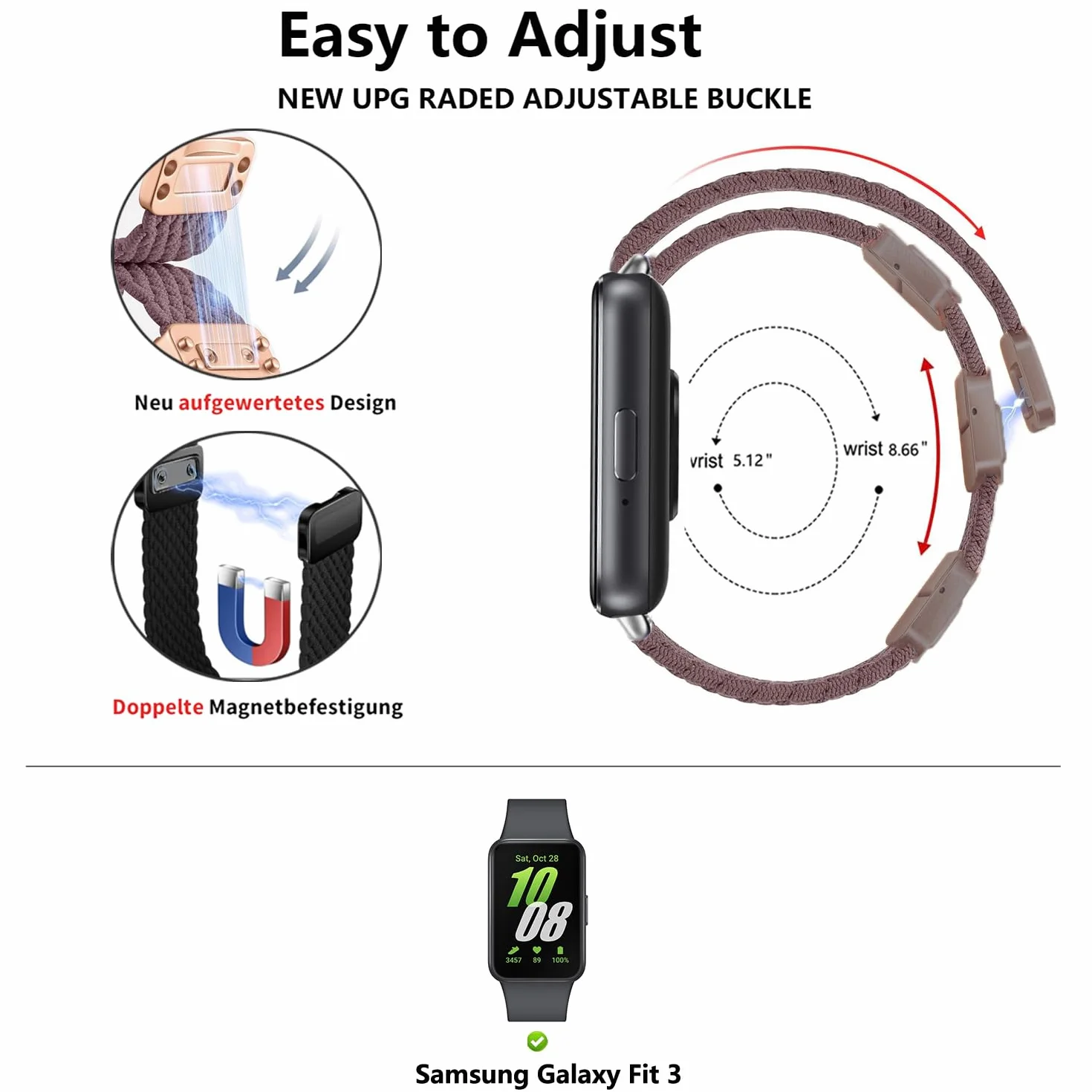 Nylonowa pleciona opaska kompatybilna z Samsung Galaxy Fit 3 SM-R390, elastyczna magnetyczna klamra