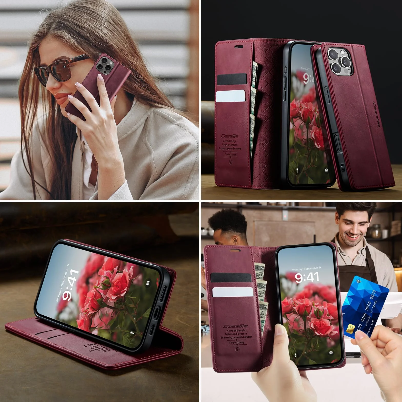Etui Portfelowe do iPhone 16 Pro z Klapką Etui ze Skóry PU Premium Portfel Przegródki na Karty Mgnetyczne Funkcja Stojaka, Blokada RFID, Etui na Telefon iPhone 16 Pro, Czerwony