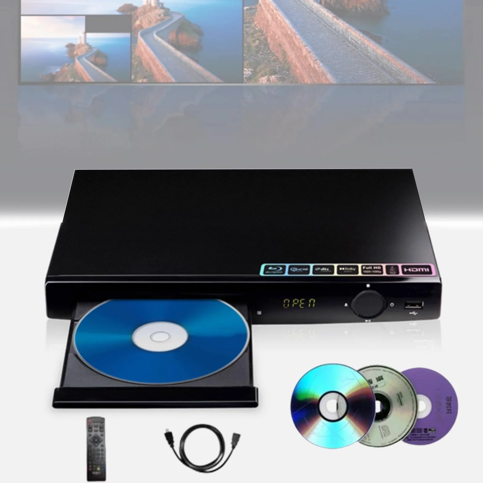 Odtwarzacz DVD, odtwarzacz Blu-ray 1080P HD, odtwarzanie płyt bez regionu, wyjście HDMI i koncentryczne, zwiększona wydajność wizualna, obsługuje formaty DVD, CD i VCD