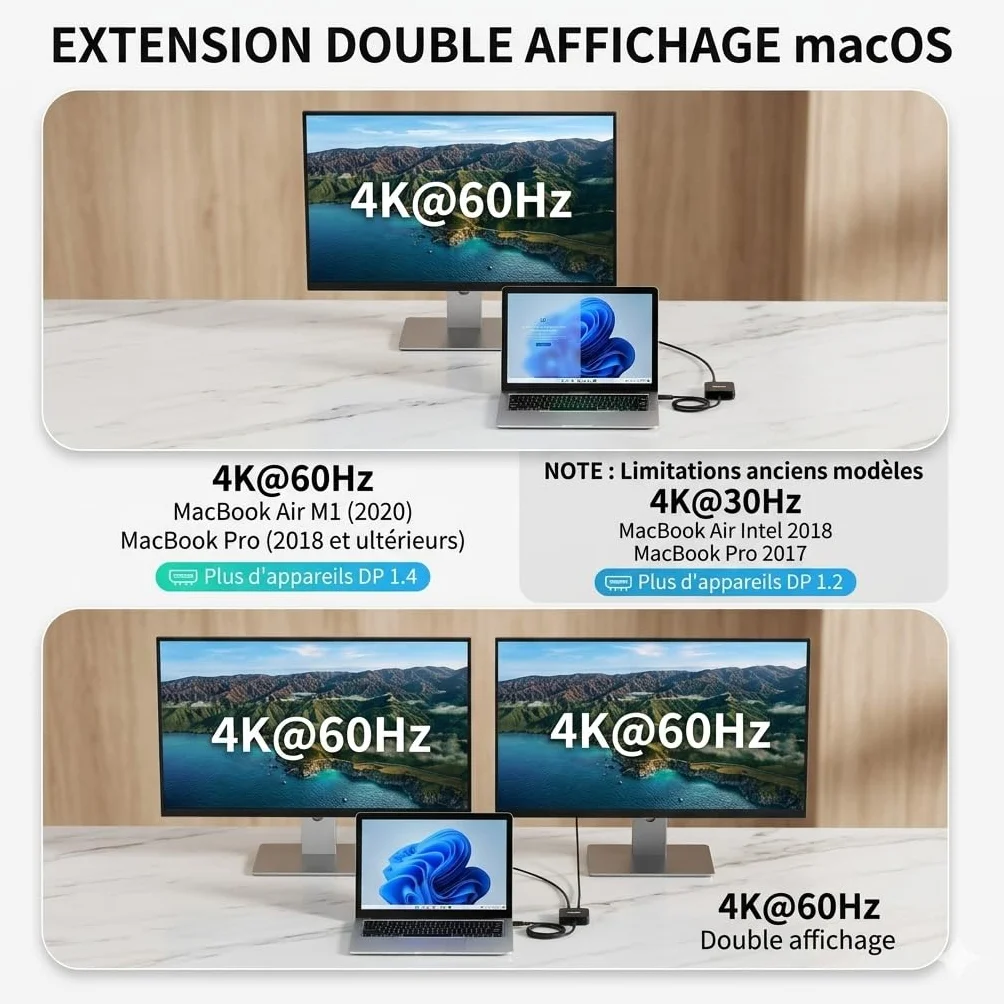 Anyoyo Stacja dokująca USB C Dual HDMI 4K 60 Hz, koncentrator z długim kablem 60 cm do biura, stacja dokująca 6 w 1 PD 100 W, 2 USB 3.0, wieloportowy adapter typu C do MacBook Air/Pro M1 M2 M3, Dell