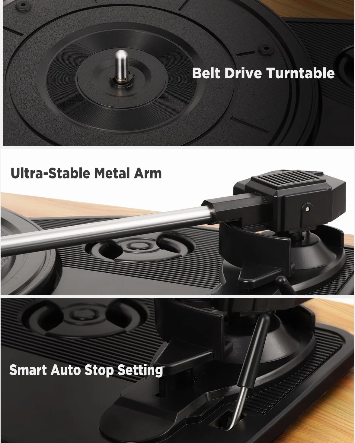 VIFLYKOO Gramofon, Bluetooth 5.4 z 2 Głośnikami Stereo, Bezprzewodowy 3-Biegowy 33/45/78 obr./min, Odtwarzacz Winylowy Obsługuje Wejście Słuchawkowe/Wejście AUX/Wyjście RCA/USB