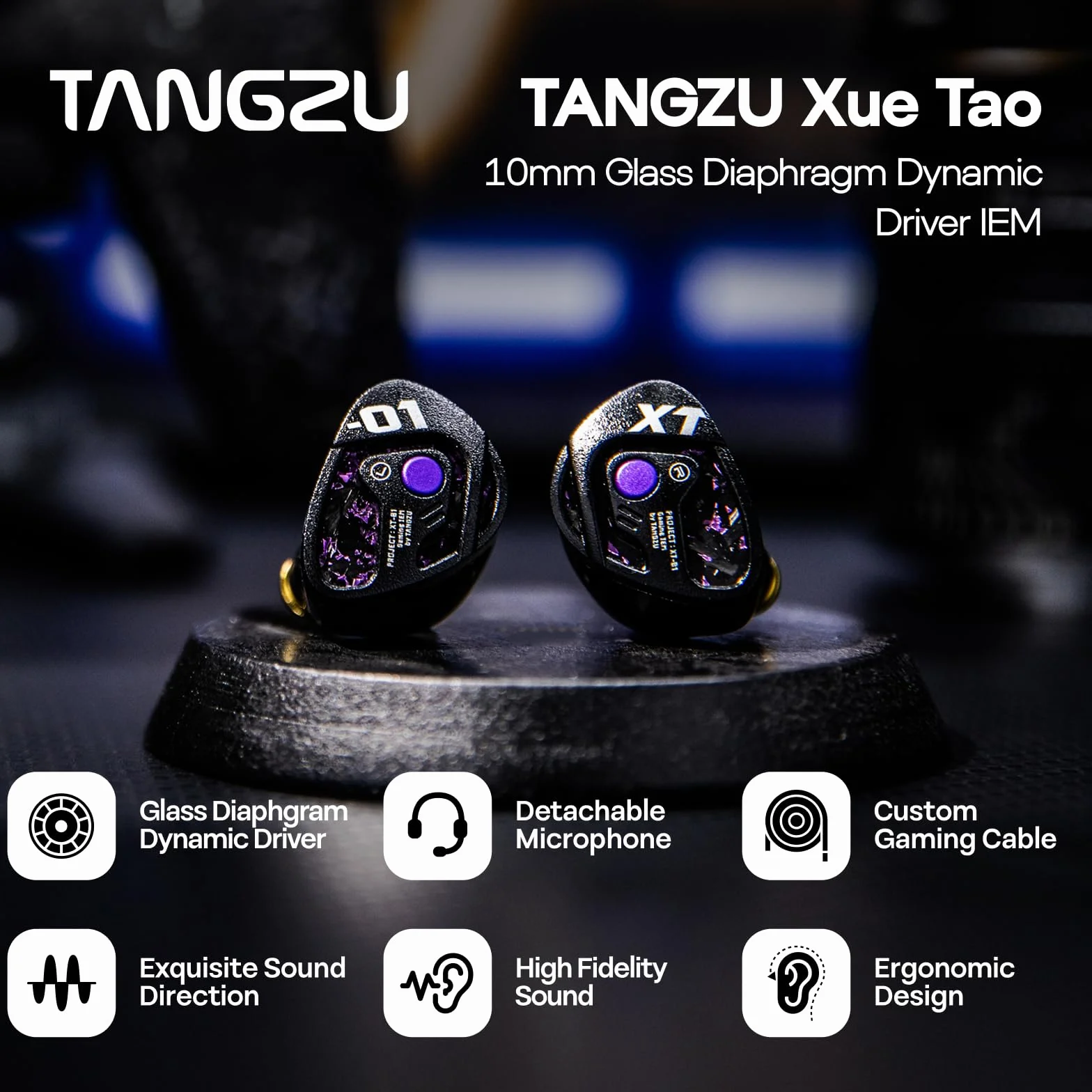 Linsoul TANGZU Xue Tao Słuchawki douszne Gaming, przewodowe słuchawki Hi-Fi z odłączanym mikrofonem, dynamiczny przetwornik douszny z szklaną membraną 10 mm (3,5 mm MIC)
