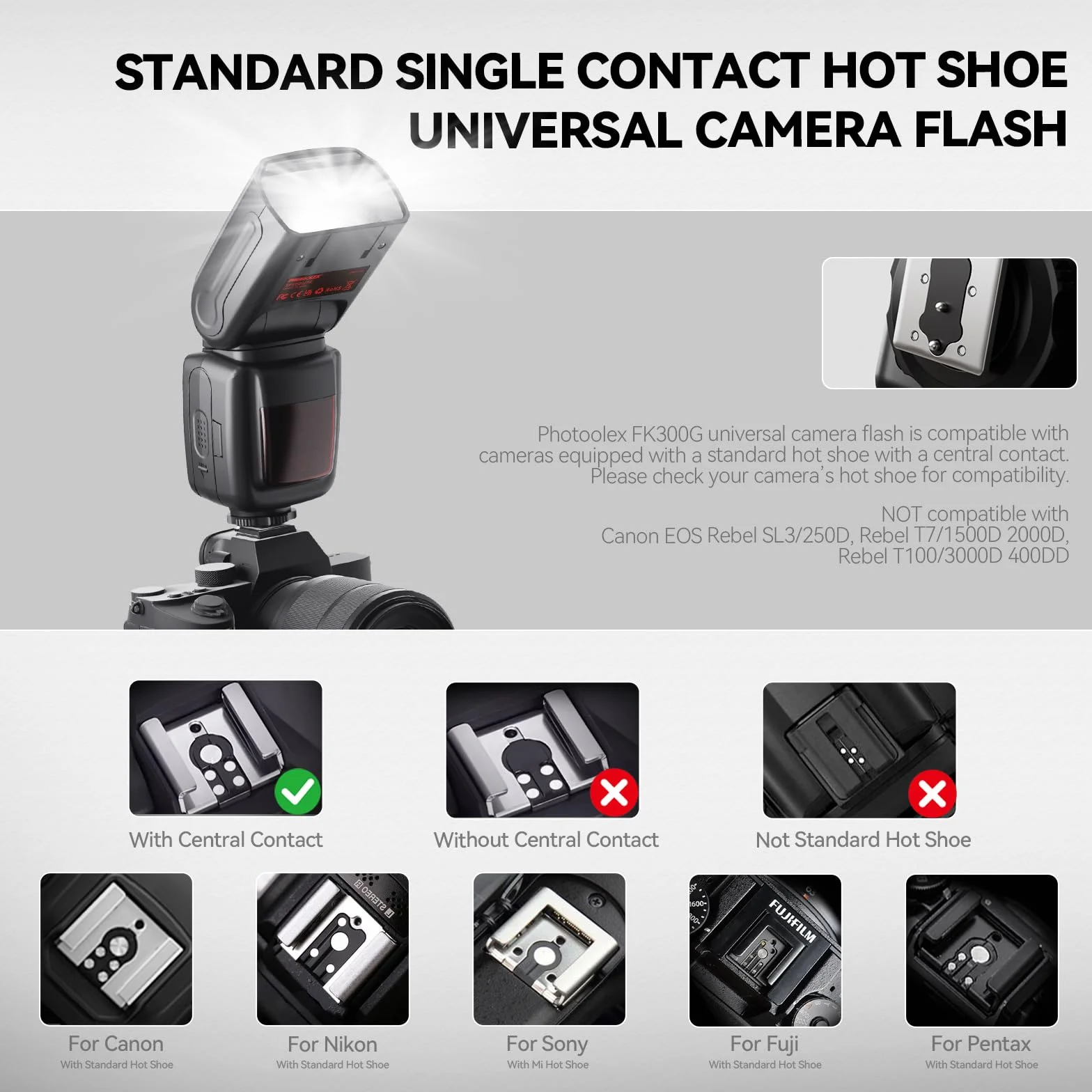 PHOTOOLEX FK300G Lampa błyskowa Speedlite GN33 z wyzwalaczem | Uniwersalna stopka do butów Canon, Nikon, Sony, Fuji. Bezprzewodowe 2,4 G, 8 poziomów mocy, tryby M/S1/S2