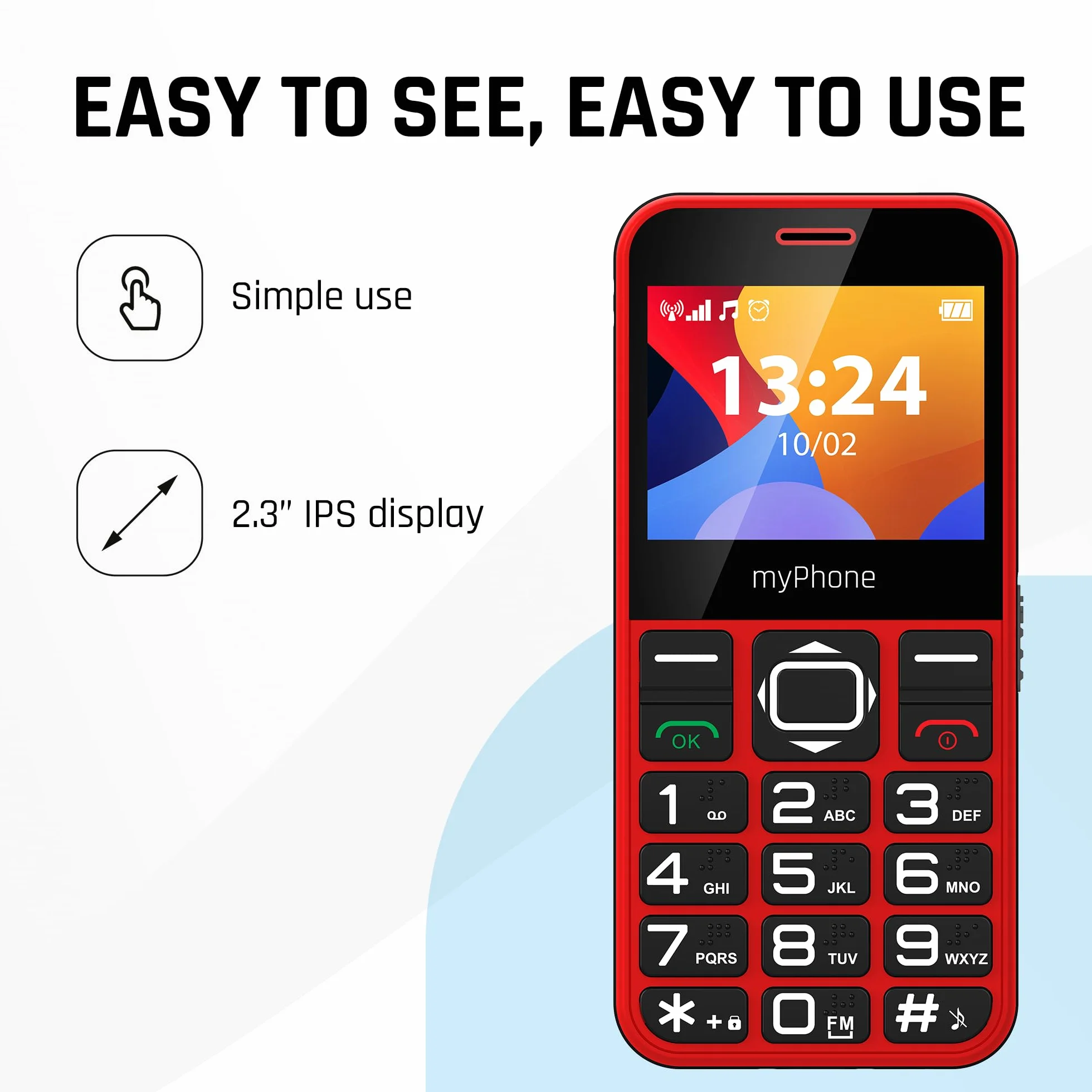 MP myPhone Halo 3 klasyczny telefon dla seniora babci dziadka z bazą ładującą, przycisk SOS, duże klawisze, duży wyświetlacz 2,3 cala, fotokontakty, aparat, przycisk SOS - czerwony