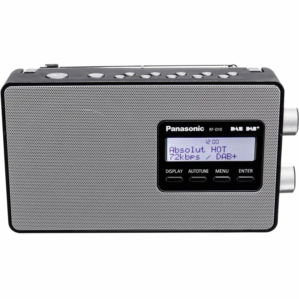 Panasonic RF-D10 radio zgodne ze standardem DAB i DAB+ (głośnik o średnicy 10cm, 5 programów korektora, pamięć 10 kanałów, podświetlany ekran LCD), czarne