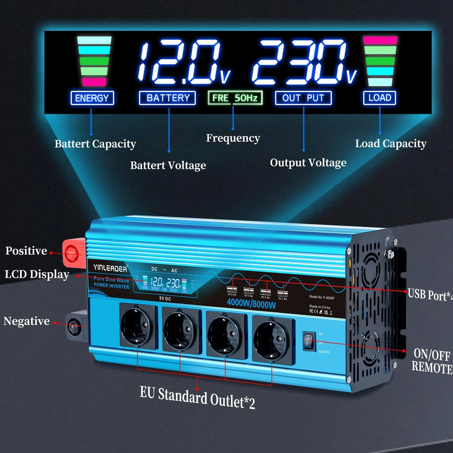 Yinleader Konwerter napięcia 12V 220V czysty sinus 4000 W/8000W LCD konwerter napięcia, 4 USB (z pilotem)