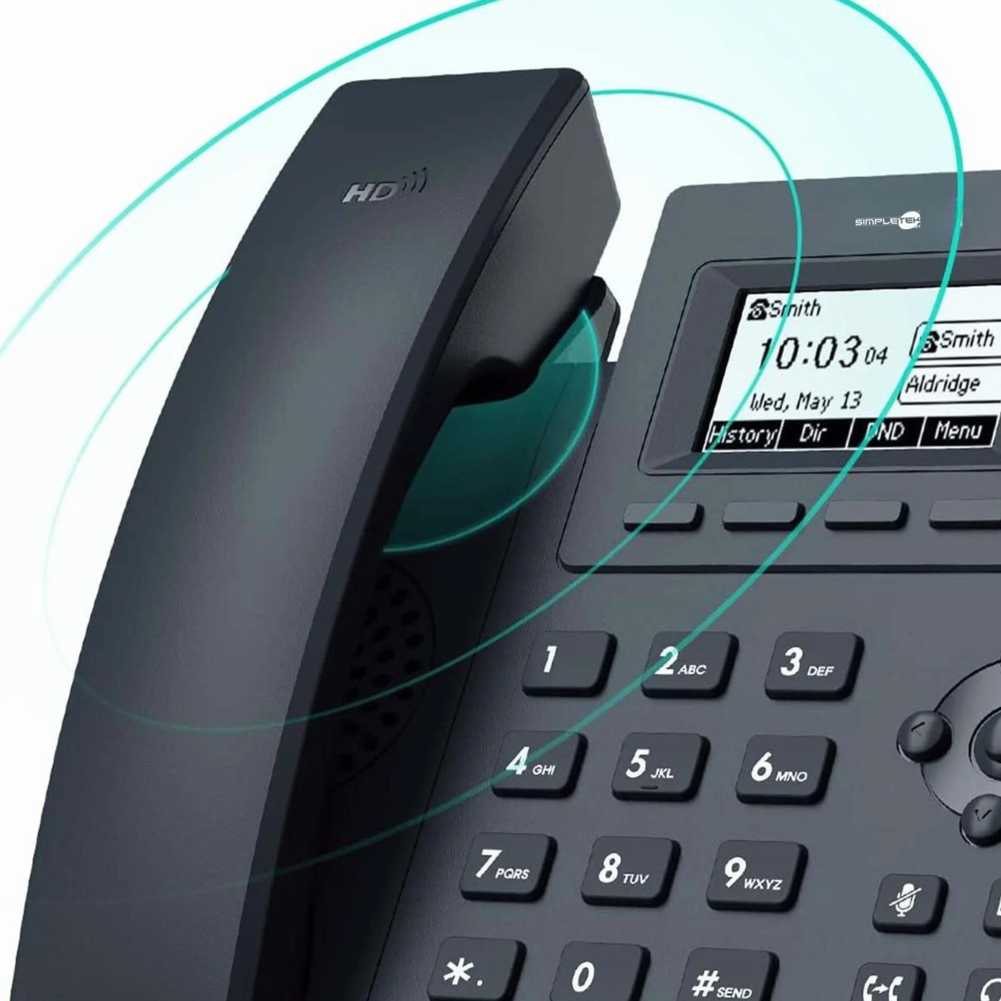 SIMPLETEK - Telefon IP VoIP, 2 konta SIP, podświetlany wyświetlacz, dźwięk HD, obsługa EHS i PoE, przełącznik Ethernet 2-portowy 10/100