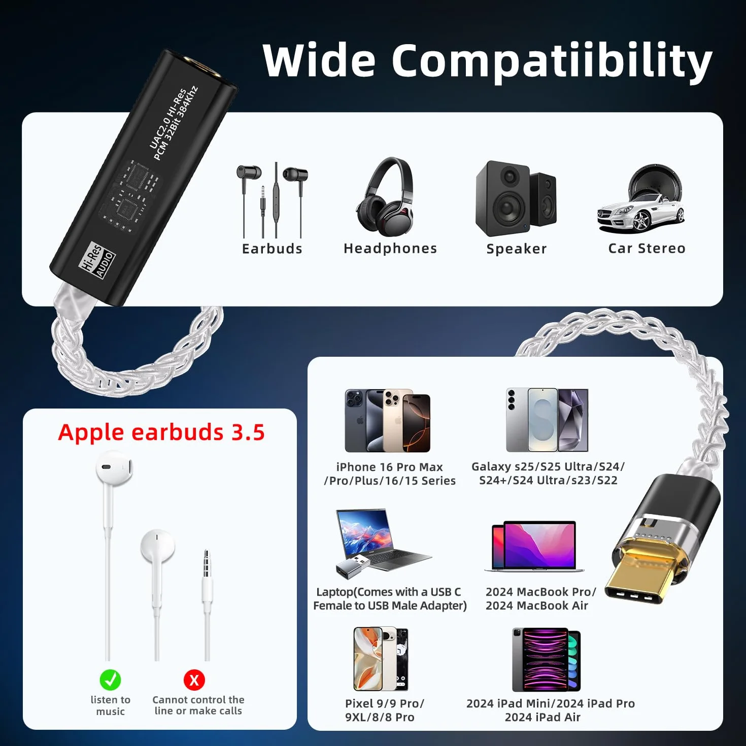 Adapter słuchawkowy USB C na 3,5 mm DAC z podwójnym chipem CX31993 i MAX97220, przenośny wzmacniacz dekodowania Hi-Res 32-bitowy/384 kHz z posrebrzanym kablem OCC do słuchawek iPhone, Android, Mac