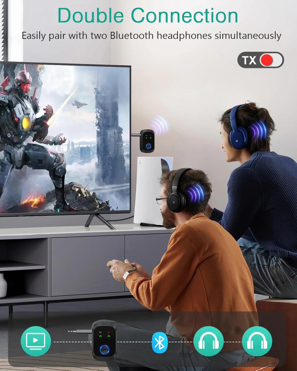 ORIA nadajnik i odbiornik Bluetooth 5.4, przenośny adapter Bluetooth Aux z podwójnym połączeniem, połączenie głośnomówiące, niskie opóźnienie, 3,5 mm bezprzewodowy nadajnik audio do samochodu, TV, PC