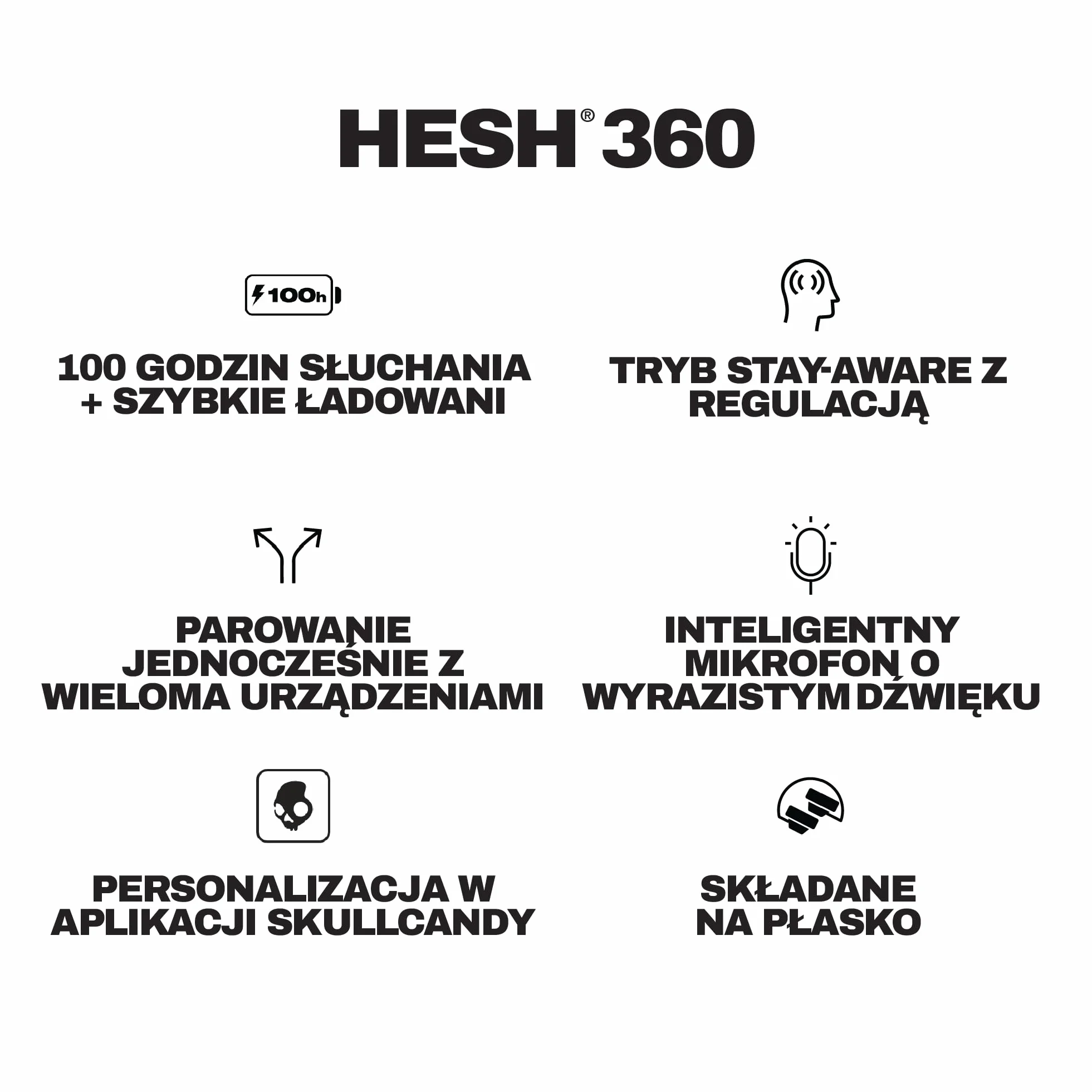 Skullcandy Hesh 360 – bezprzewodowe słuchawki nauszne Bluetooth, do 100 godzin słuchania, konstrukcja wyciszająca hałas, składane na płasko, mikrofon, iPhone, Android - Kość