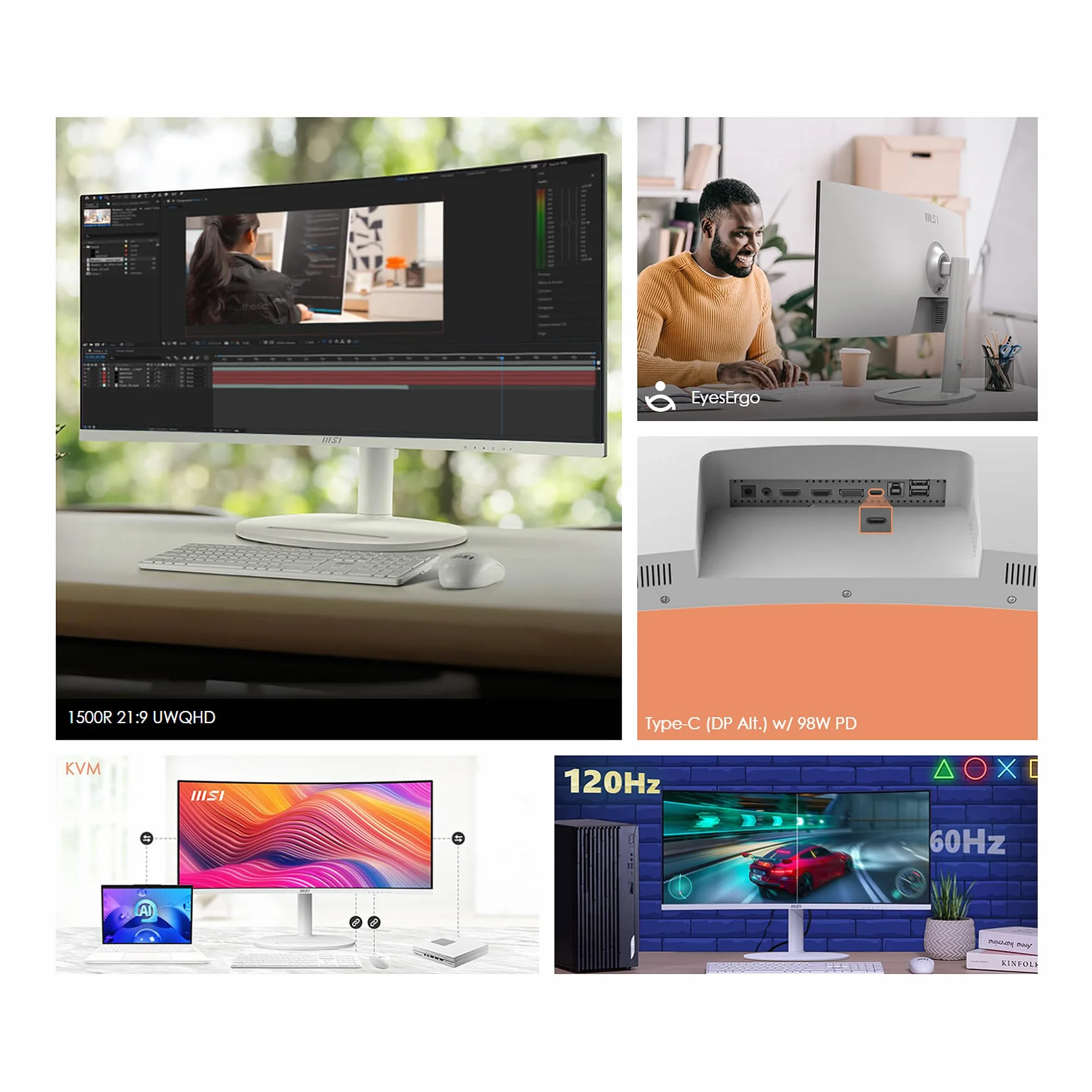MSI Nowoczesny MD342CQPW 86.4 cm VA 3440 x 1440 (UWQHD) Monitor komputerowy, 120Hz, 1800 zakrzywiony, Adaptive-Sync, HDMI, DP, USBC 98W Power Delivery, KVM, regulacja wysokości, VESA, głośnik, 1 ms,