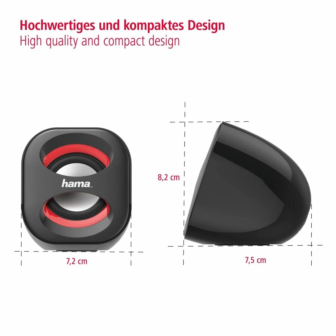 Hama Przewodowe głośniki do laptopa "Sonic Mobil 183" (Jack 3,5mm, regulator głośności, stereo, 120-20000 Hz, 7,2 x 7,5 x 8,2 cm) czarne/czerwone