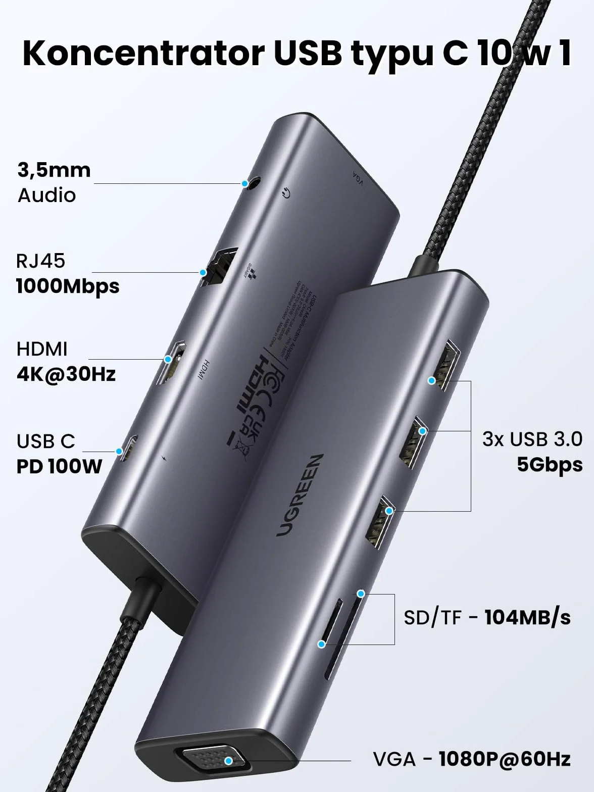 UGREEN Stacja dokująca USB typu C z 4K HDMI, VGA, USB A 3.0, PD100W, Ethernet, 3,5 mm audio, SD/TF