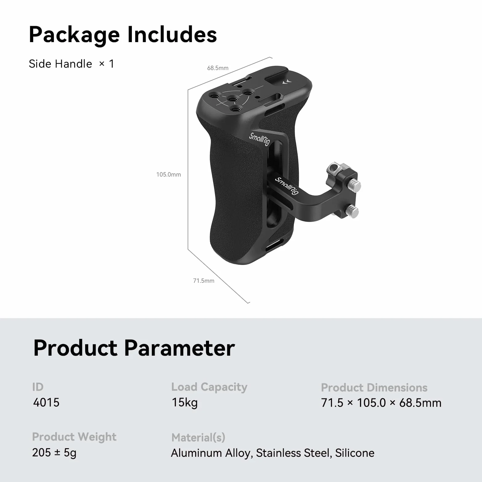 SMALLRIG Side Handle Uchwyt Boczny do Klatek Fotograficznych, Uniwersalny Ergonomiczny Uchwyt Boczny z Wbudowanym Otworem Ustalającym 1/4"-20, Otwór na Pasek, Zimna Stopka, Regulacja Góra/dół - 4015