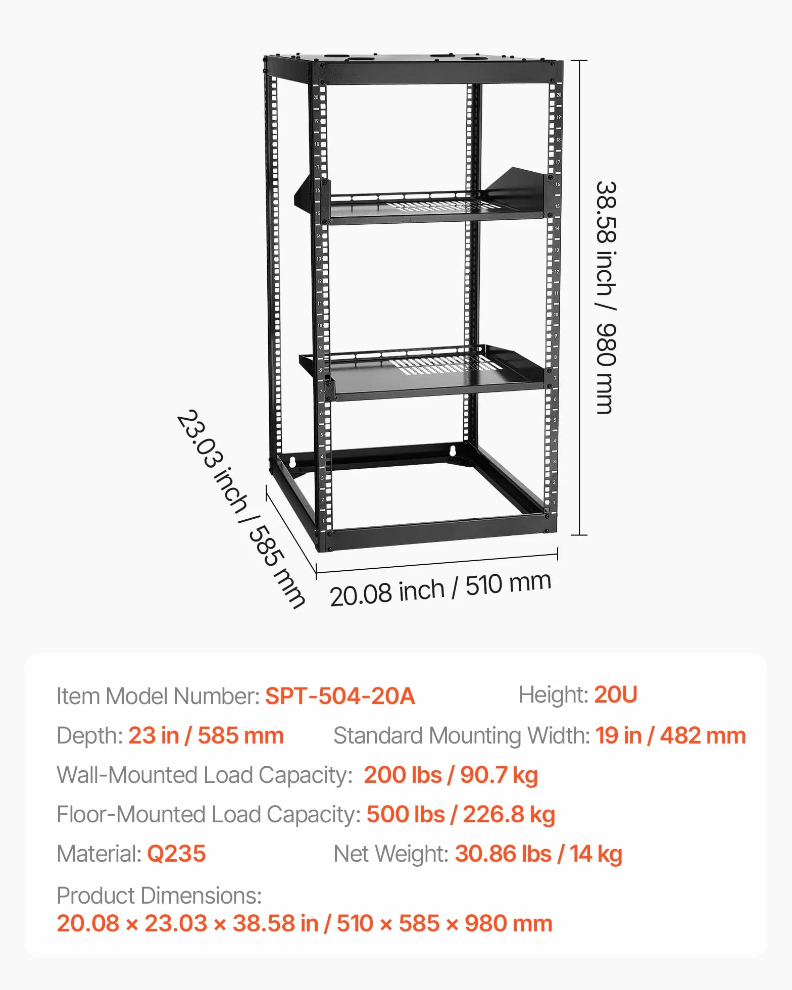 VEVOR Regał sieciowy 20U z otwartą ramą, głębokość 58 cm, montowany na ścianie lub podłogowy, wytrzymały 4-słupkowy, z wentylowanymi półkami i sprzętem montażowym, pomieści cały sprzęt komputerowy AV