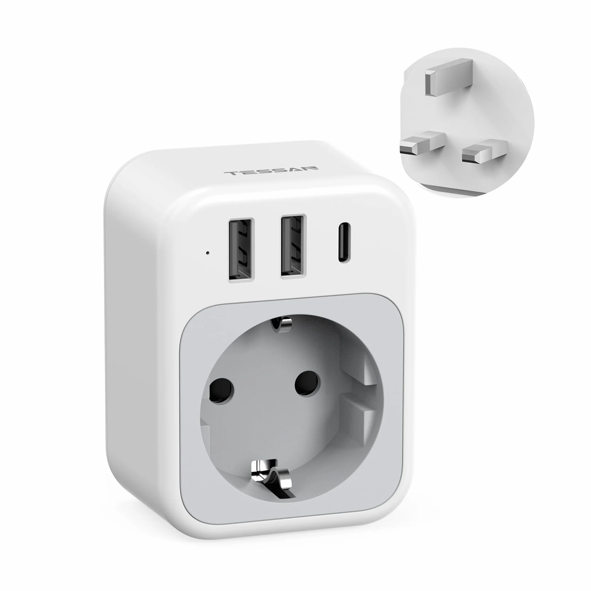 TESSAN Adapter Anglia Niemcy Wtyczka, 4 w 1 Adapter UK z USB C i 2 USB A, Przenośny adapter gniazdowy Anglia, Adapter podróżny UK 3250 W, Adapter podróżny typu G dla Wielkiej Brytanii, Irlandii