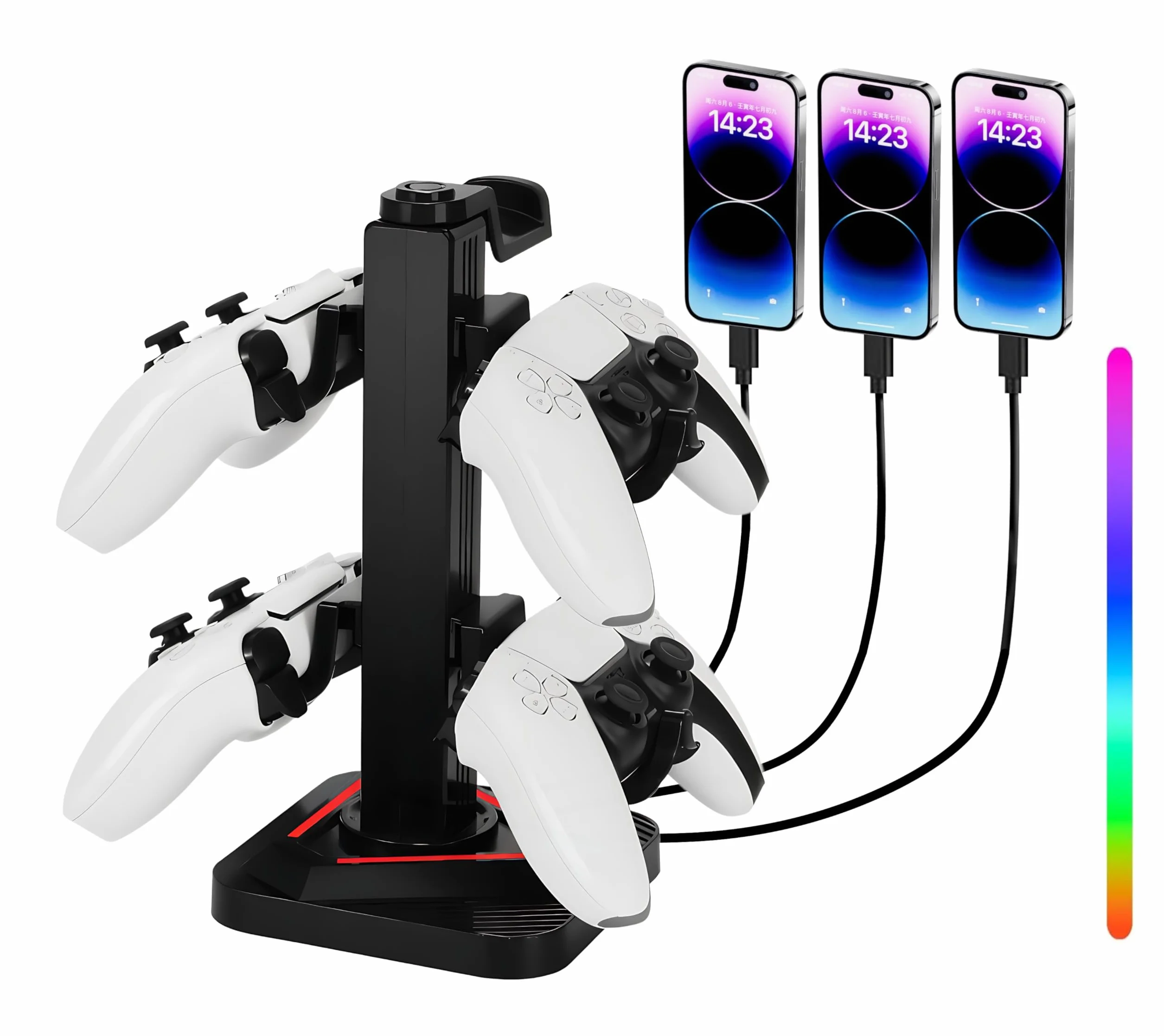 Stojak na słuchawki i kontroler, stojak na słuchawki do gier z 3 portami koncentratora USB i portem typu C (ładowanie - transfer danych), 8 trybów oświetlenia RGB, 5 odłączanych haczyków.