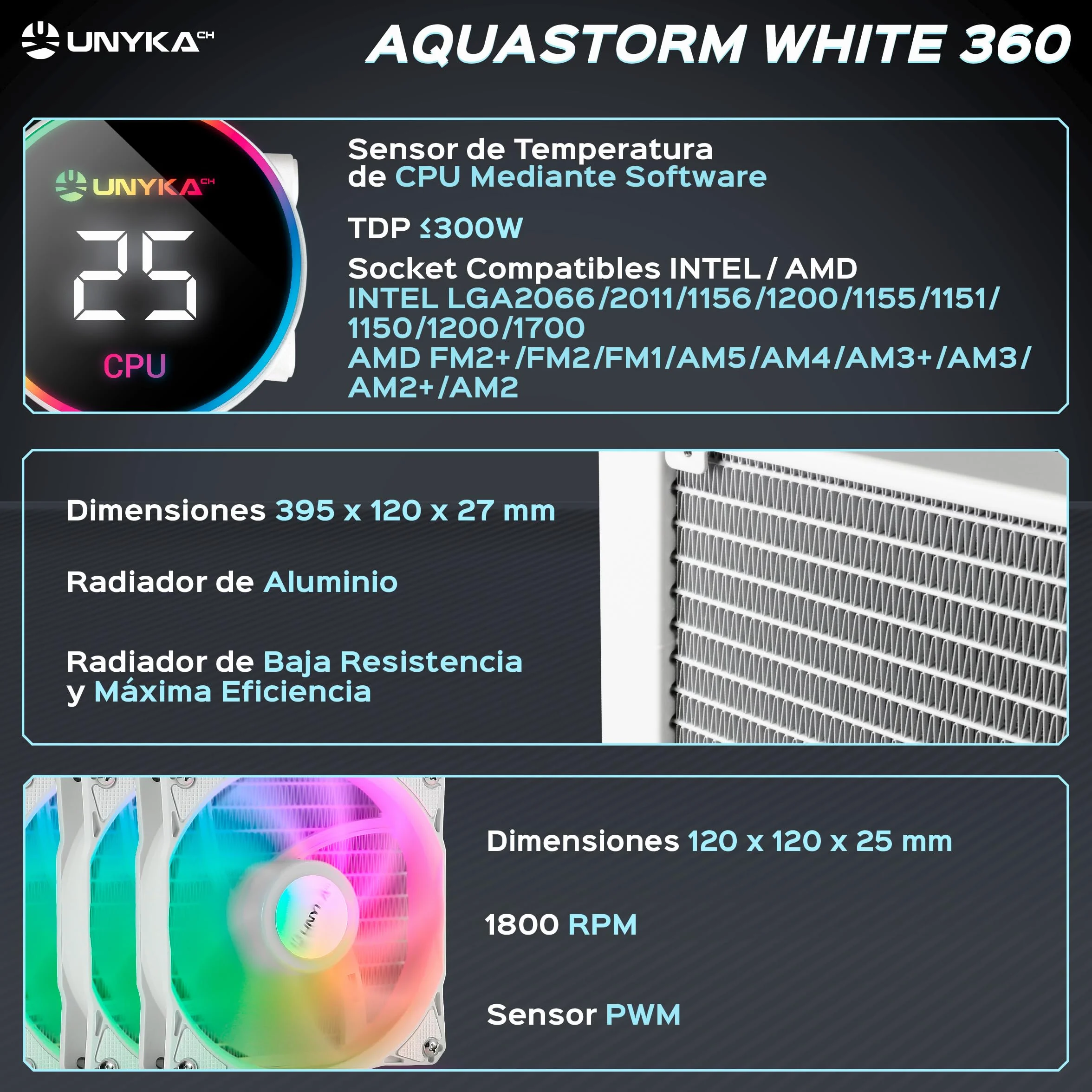 UNYKAch AQUASTORM CPU Chłodzenie cieczą White 360 Cicha pompa, wyświetlacz temperatury procesora i trzy wentylatory RGB z czujnikiem PWM | Cicha pompa, wyświetlacz temperatury CPU, trzy wentylatory RGB, system kontroli temperatury PWM