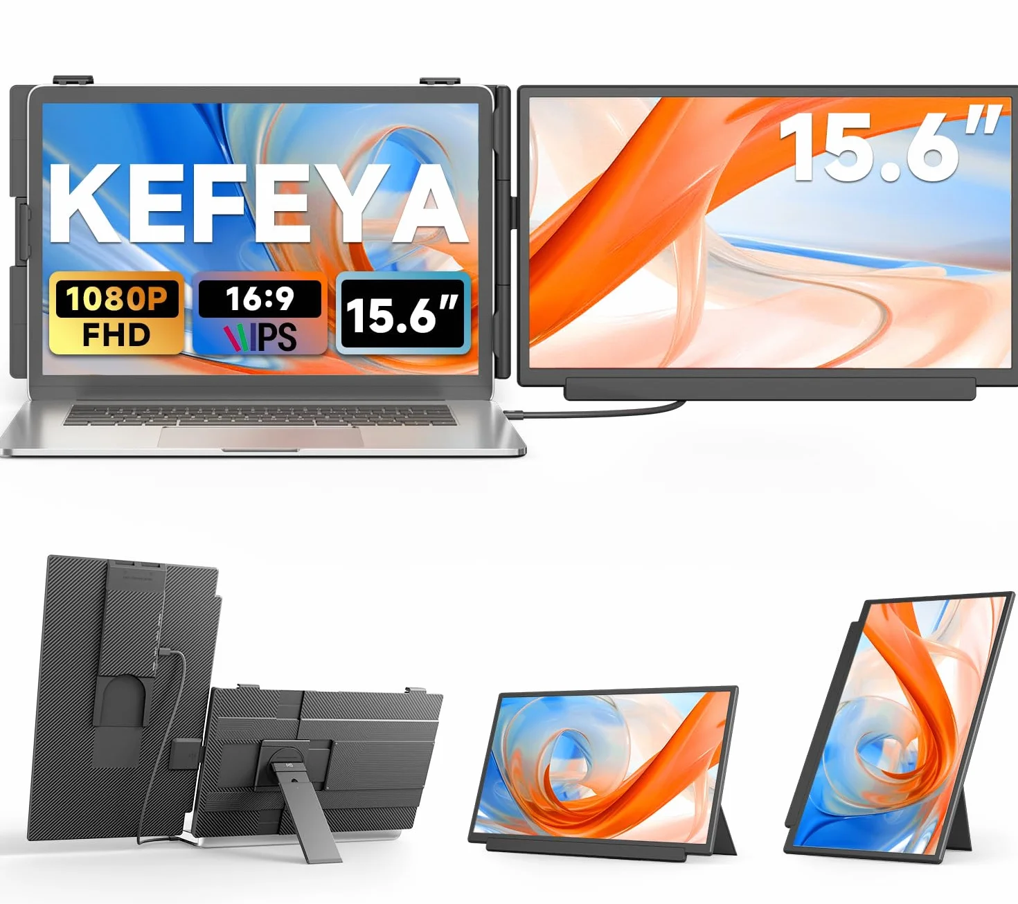 KEFEYA Rozszerzenie ekranu laptopa, FHD 1080p monitor do laptopa z dwoma ekranami, przenośny monitor 15,6" do laptopów o przekątnej ekranu 13-17", z USB C / HDMI, Plug and Play dla Windows/Mac