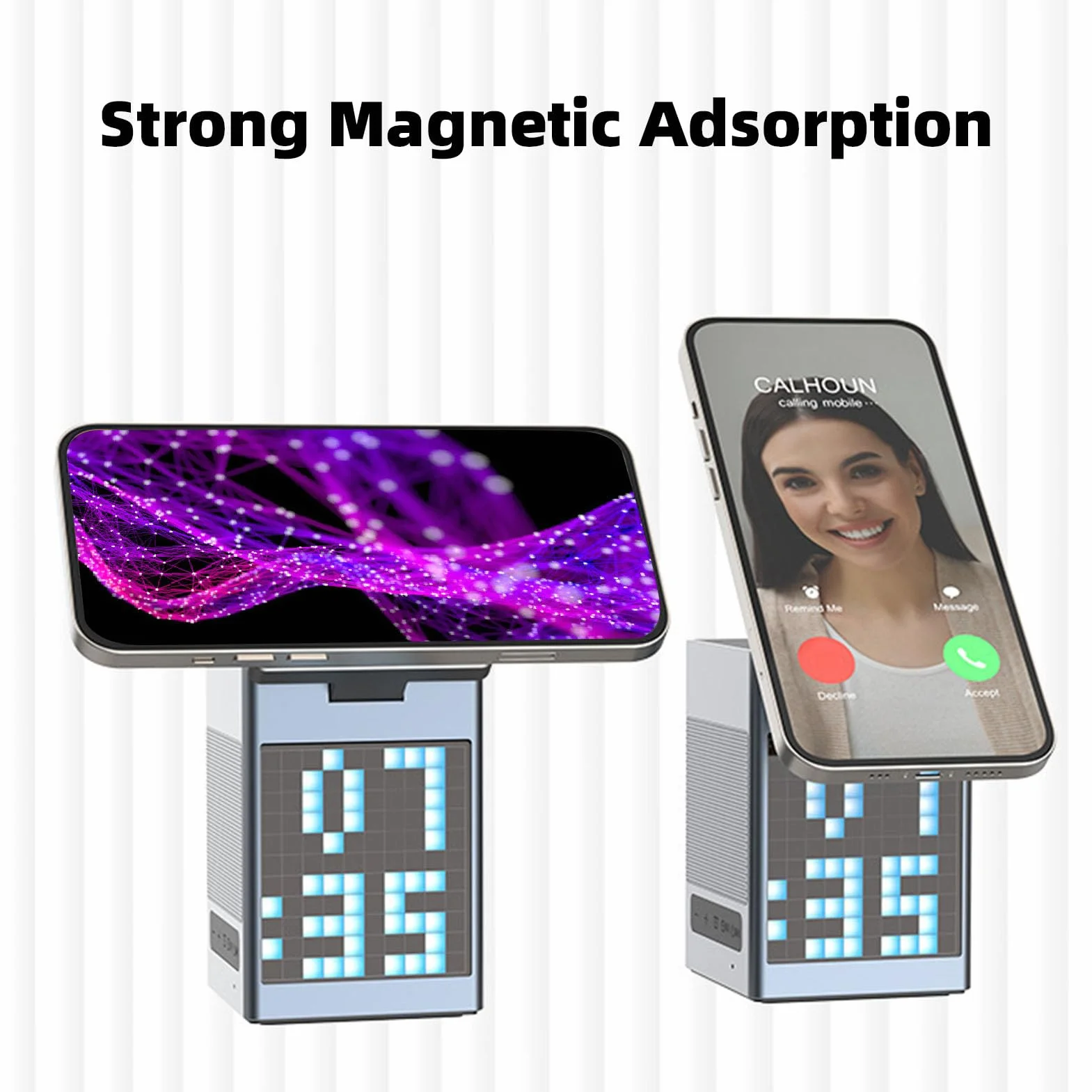 Bewinner Bezprzewodowa Stacja ładująca 6 w 1 z Głośnikiem Bluetooth, Wyświetlaczem z animacją Pikseli, Budzikiem, ładowarką do Wielu urządzeń do Słuchawek Telefonicznych i Zegarka