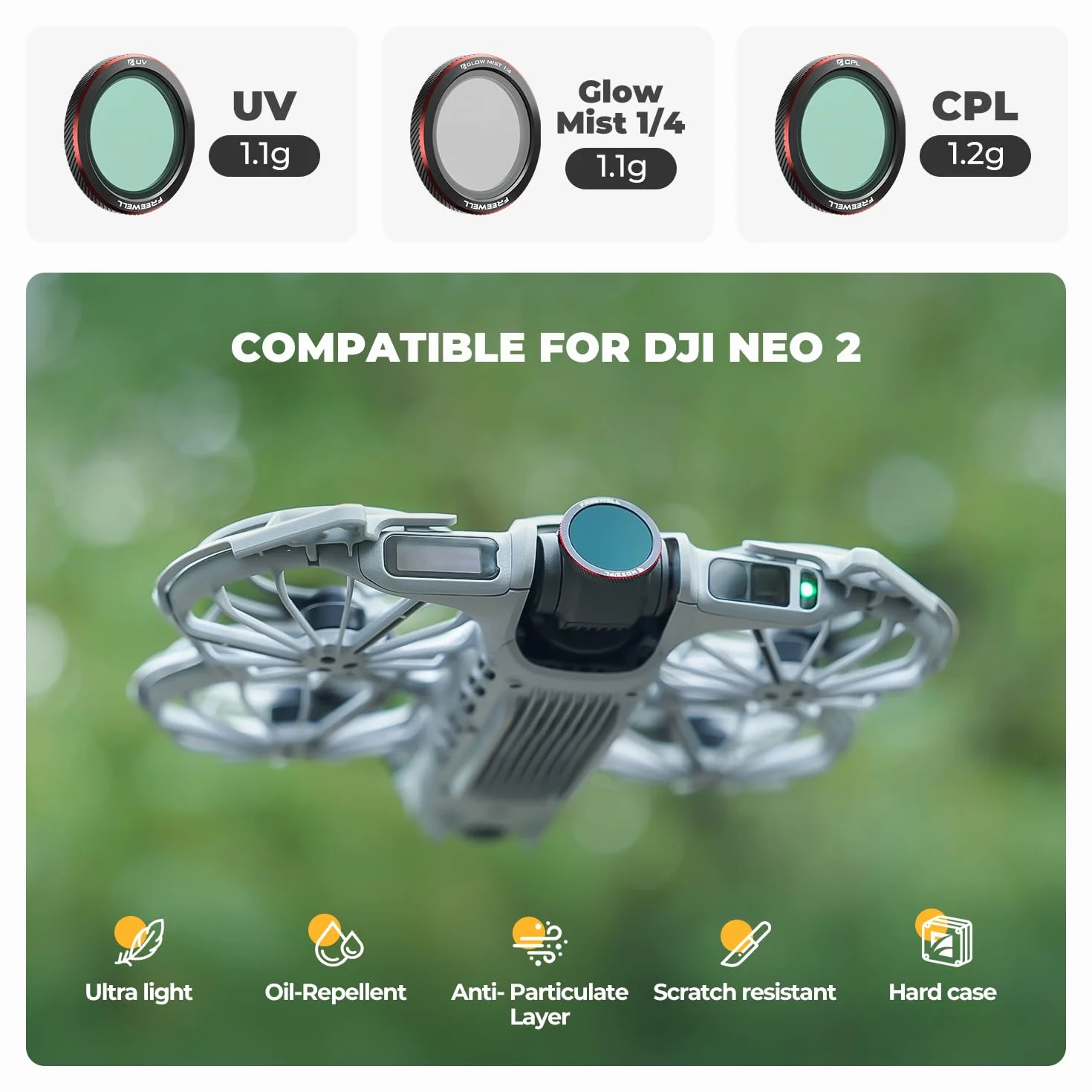 Freewell 3-pak filtrów magnetycznych do DJI Neo 2 | zawiera CPL (polaryzator) do redukcji odblasków, UV dla ochrony obiektywu i Black Glow Mist 1/4 dla efektów kinowych