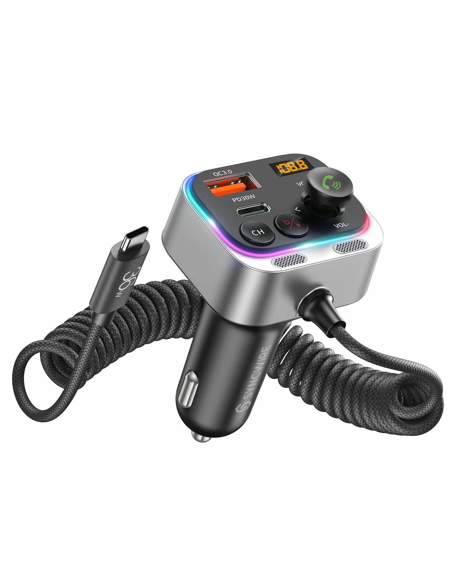 Syncwire Transmiter FM Bluetooth 5.4, adapter samochodowy, 66 W, PD QC 3.0, ładowarka samochodowa z kablem spiralnym USB-C, bezprzewodowy adapter radiowy FM, silne mikrofony i basowy dźwięk Hi-Fi,