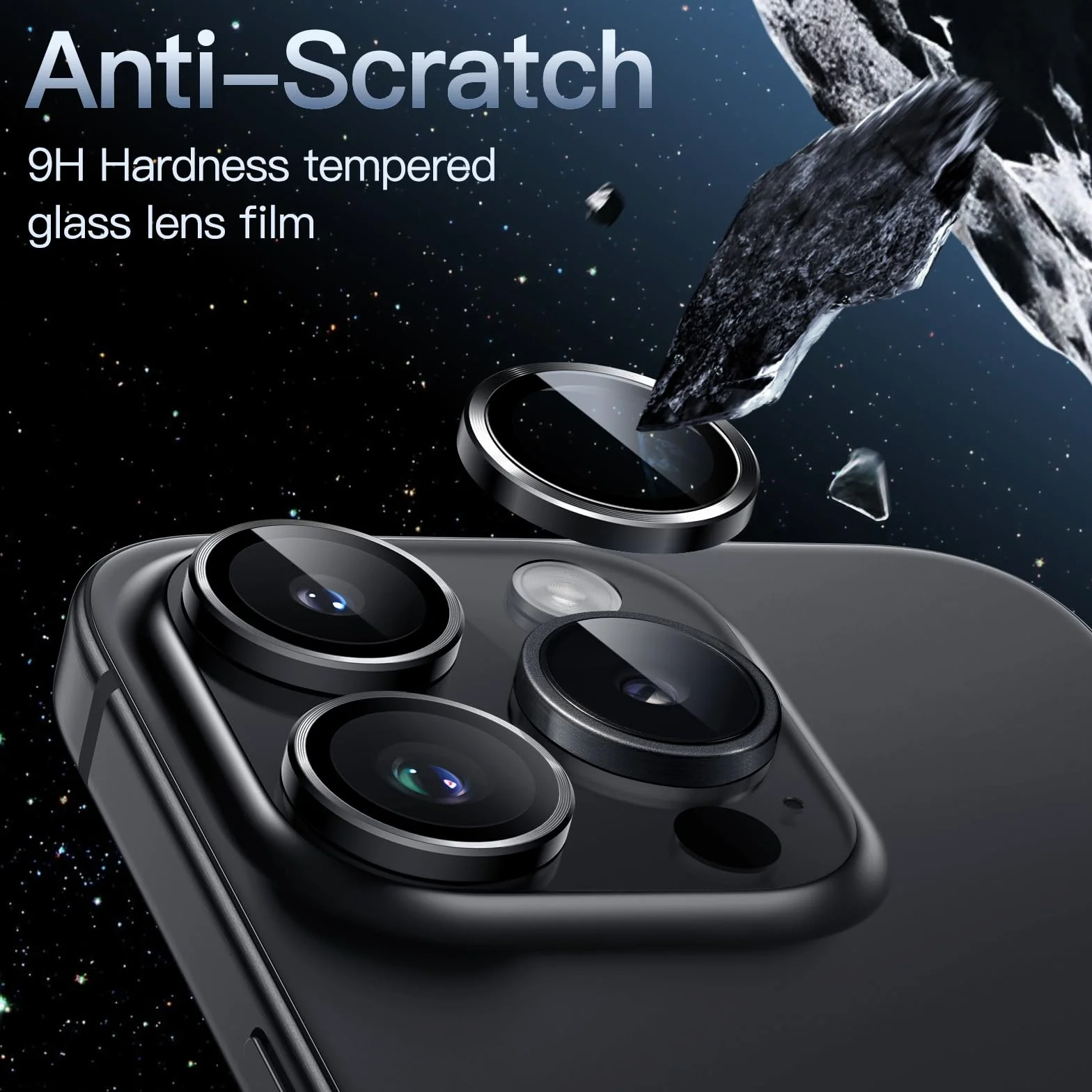 JETech Ochraniacz Obiektywu Aparatu dla iPhone 15 Pro/15 Pro Max | Gwiezdna Czerń, Szkło Hartowane 9H, Metalowe Osłony Pierścieniowe, Przejrzystość HD