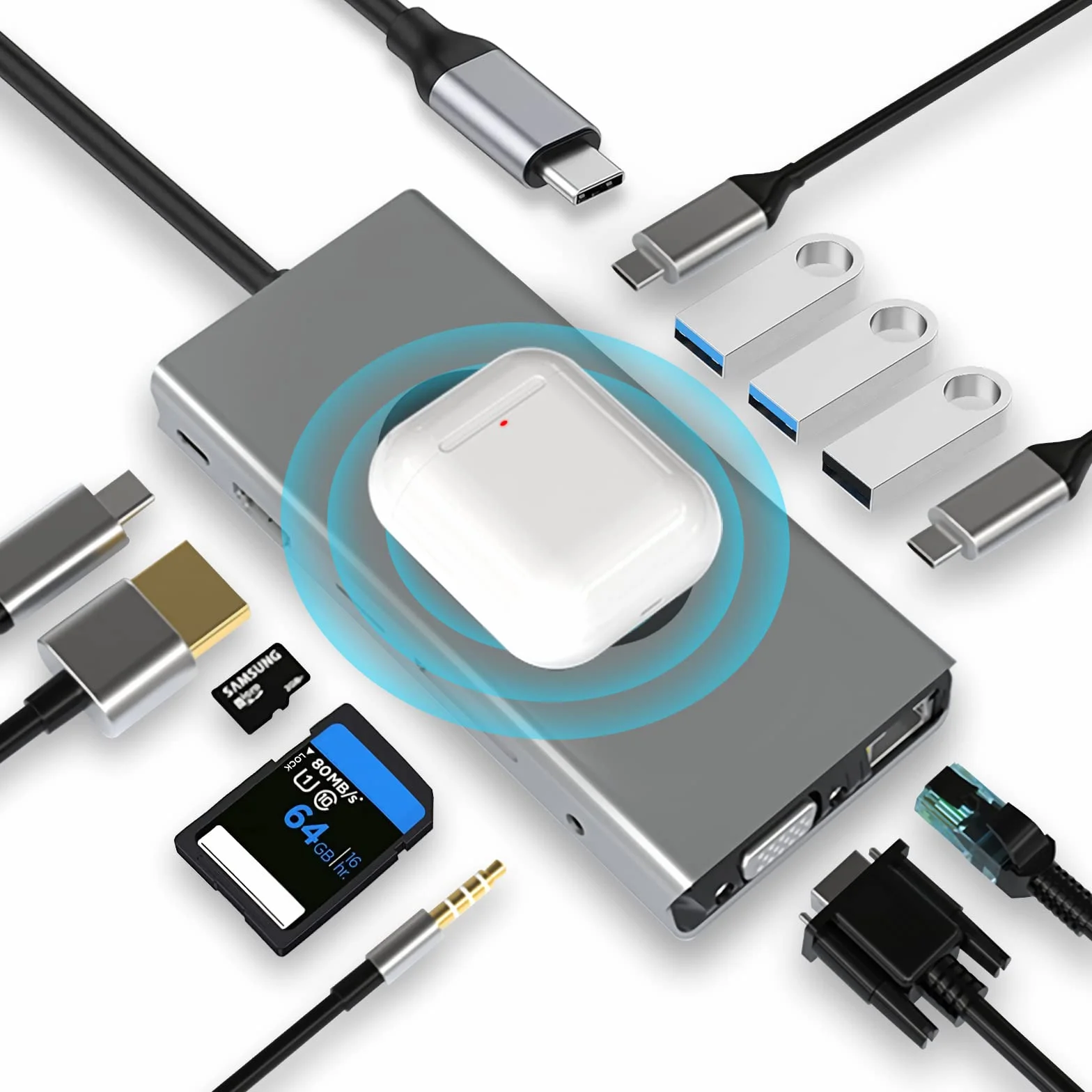 Adapter/Hub USB C z bezprzewodowym ładowaniem, 13 w 1, z HDMI 4K, VGA, 2 x USB 3.0, USB C 3.0 i 2.0, RJ45, Power Delivery 100 W, SD/TF i 3,5 mm AUX, kompatybilny z MacBookiem Pro i innymi laptopami