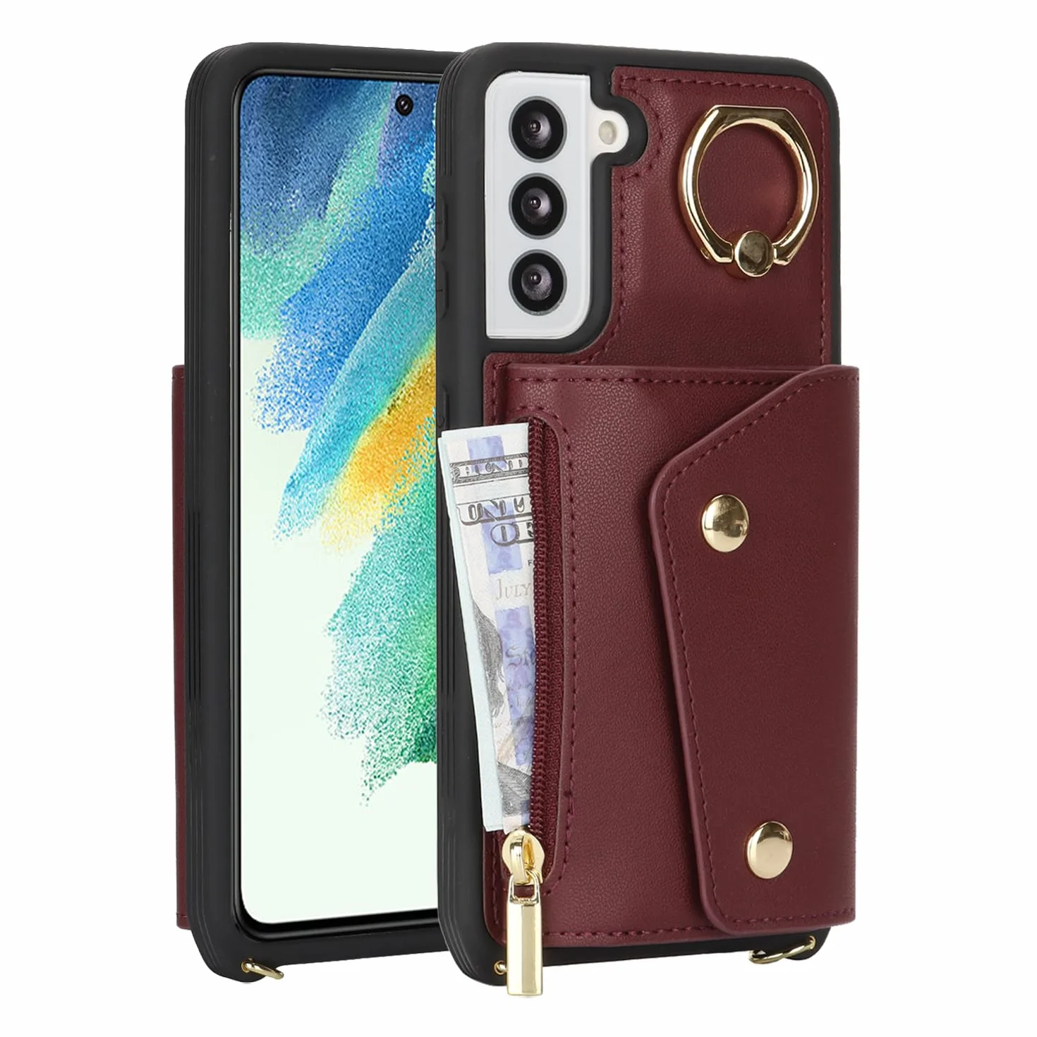 Lipvina Etui do Samsung Galaxy S21 FE etui z paskiem na karty, etui na telefon komórkowy Samsung Galaxy S21 FE z zamkiem błyskawicznym, z pierścieniem, stojakiem dla kobiet - czerwone