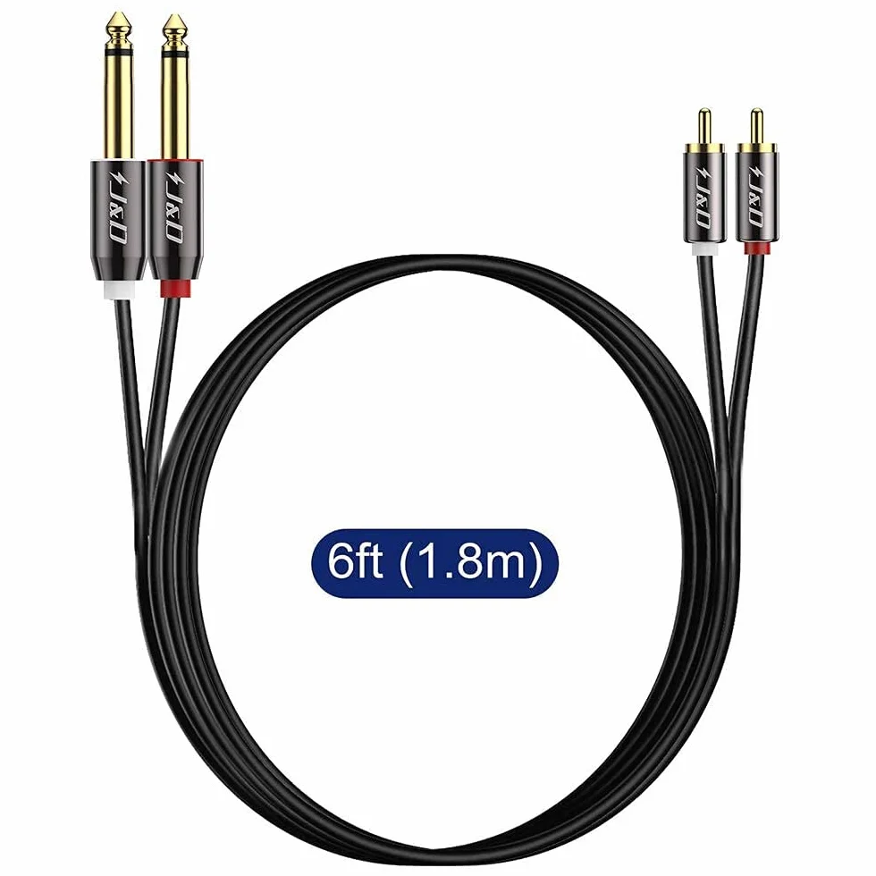 J&D 2 x 6,35 mm do 2 RCA, pozłacana miedziana powłoka wytrzymała 2 x 6,35 mm 1/4 cala męski TS do 2 RCA męski adapter stereo audio, 6 stóp