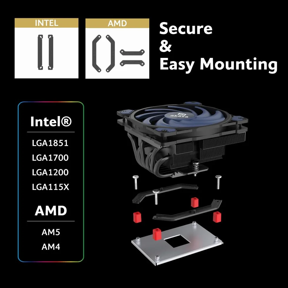Akasa ALUCIA H6LS M2, niskoprofilowy wentylator CPU (67,2 mm), wentylator 120 mm, 6 miedzianych rur cieplnych, TDP 150 W, Intel/AMD, 4-pinowy wentylator PWM Silent Fan Under 31,5 dB (A) i przepływ