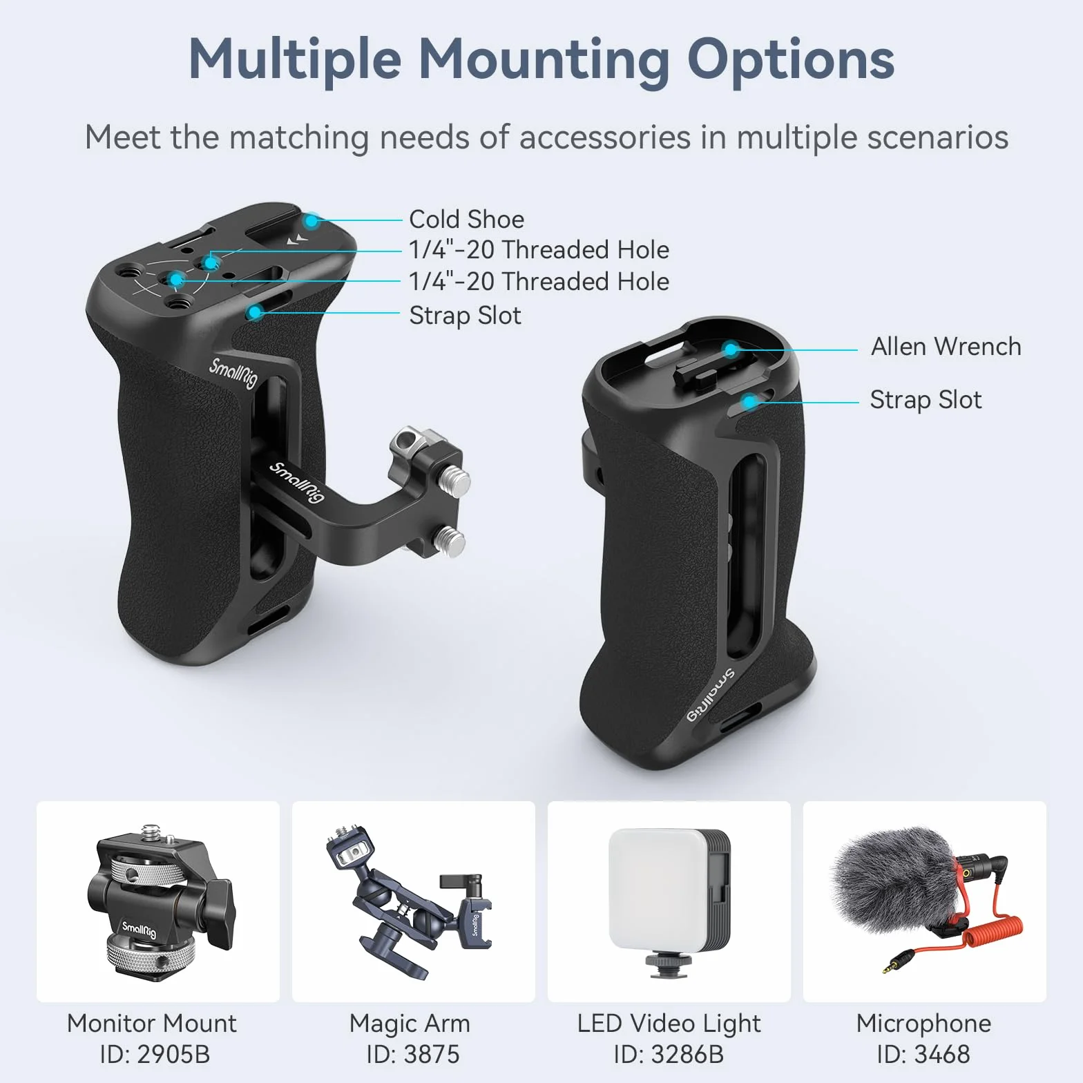 SMALLRIG Side Handle Uchwyt Boczny do Klatek Fotograficznych, Uniwersalny Ergonomiczny Uchwyt Boczny z Wbudowanym Otworem Ustalającym 1/4"-20, Otwór na Pasek, Zimna Stopka, Regulacja Góra/dół - 4015