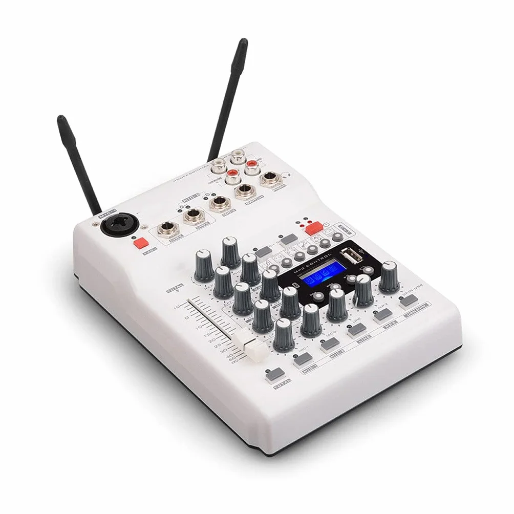RUHEN Przenośna konsola miksująca DJ, karta dźwiękowa z mikrofonem UHF, 2-kanałowa, do nagrywania w studiach, PC, sieciowych i na żywo