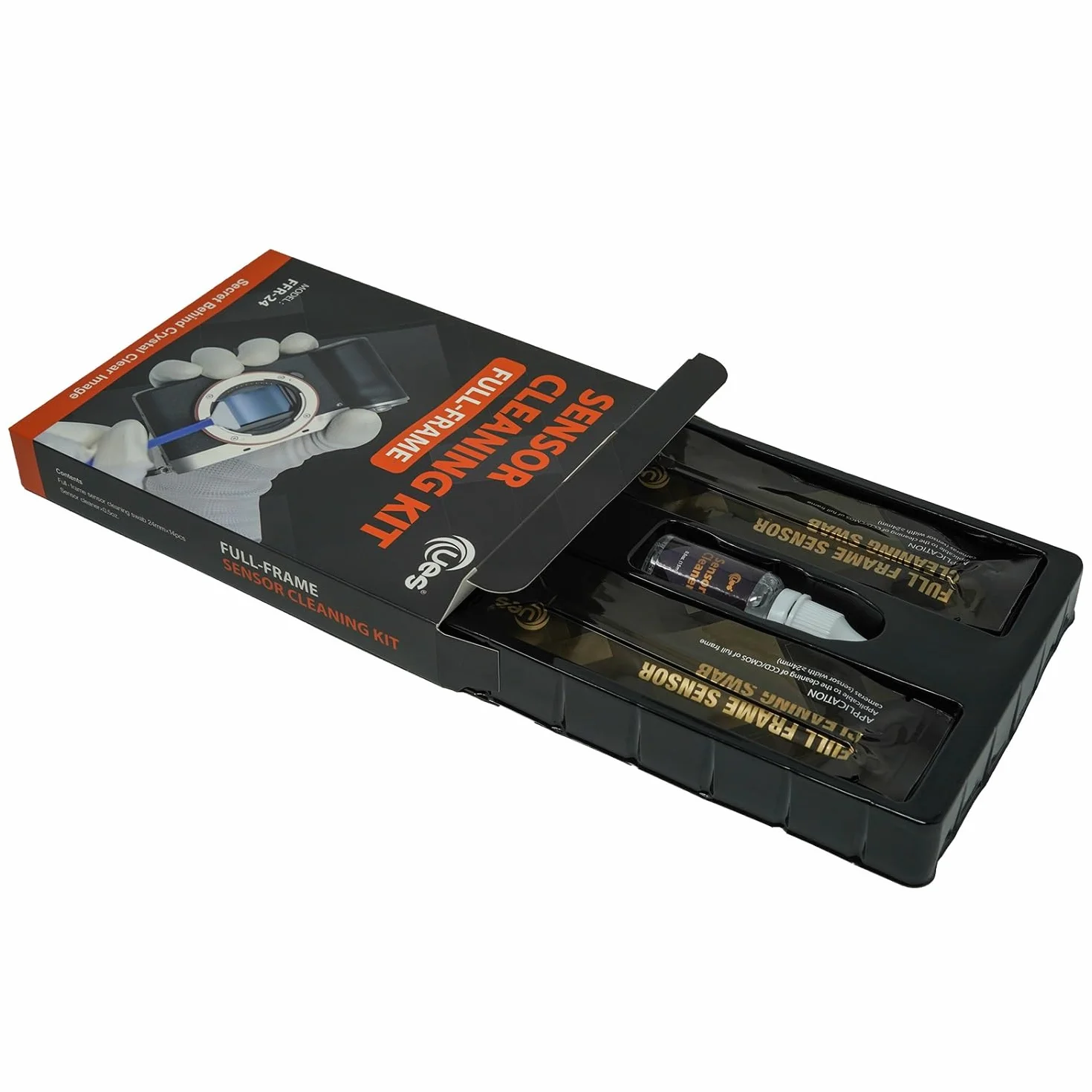 UES zestaw do czyszczenia matrycy pełnoklatkowej, 14 × 24 mm + 15 ml | 14 patyczków 24 mm i 15 ml płynu do usuwania kurzu z matryc aparatów Canon, Sony i Nikon.