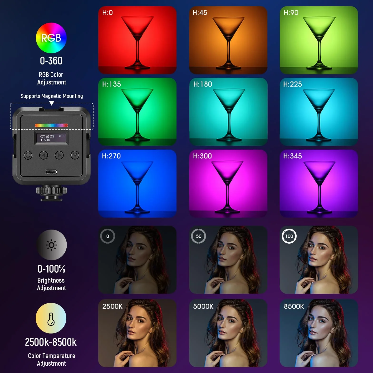 NEEWER Zestaw 2 magnetycznych lamp wideo RGB 360° w pełnym kolorze RGB61 LED do kamery z 3 uchwytami na zimny pazur/CRI 97+/20 trybu sceny/2500K-8500K/2000mAh Przenośne oświetlenie do selfie