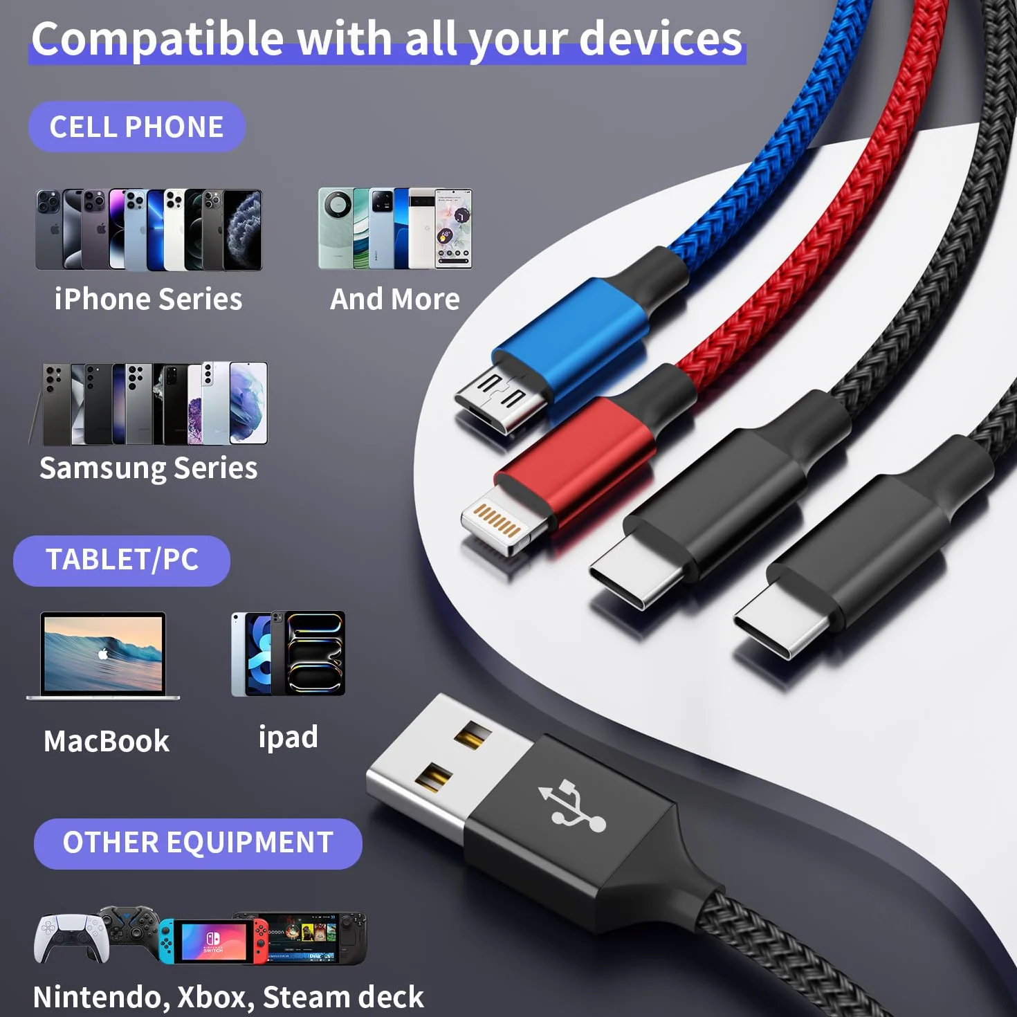 Podwójny kabel do ładowania TypeC 4 w 1, kable ładujące do wielu urządzeń | 2 x kabel USB, uniwersalny kabel do ładowania telefonu iPhone 17-8/Androids/iPad i innych, niezbędne akcesoria podróżne