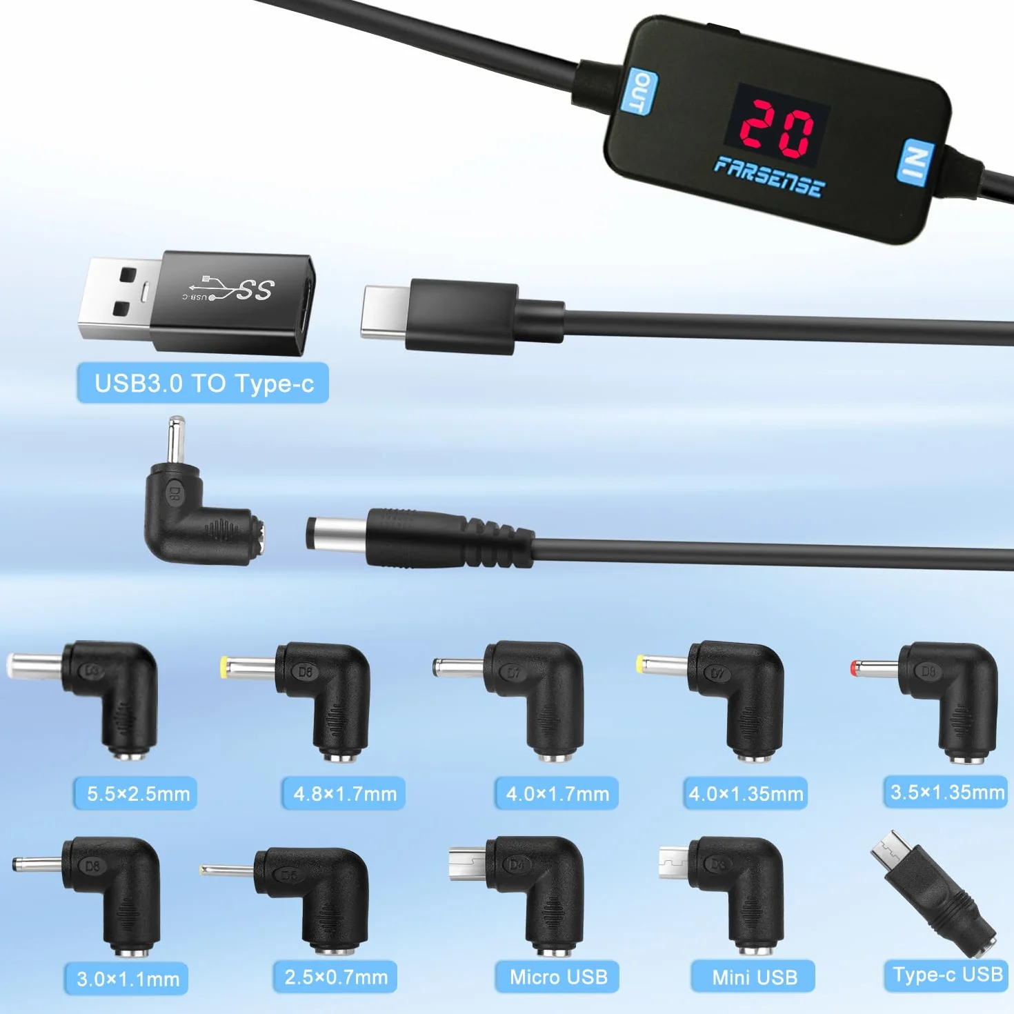 FARSENSE Adapter USB C na DC, kabel wyzwalający PD (1,5 m) z 10 końcówkami Connecor, kabel zasilający USB na DC może przełączać napięcie poprzez naciśnięcie klawisza i obsługuje napięcie wyświetlacza