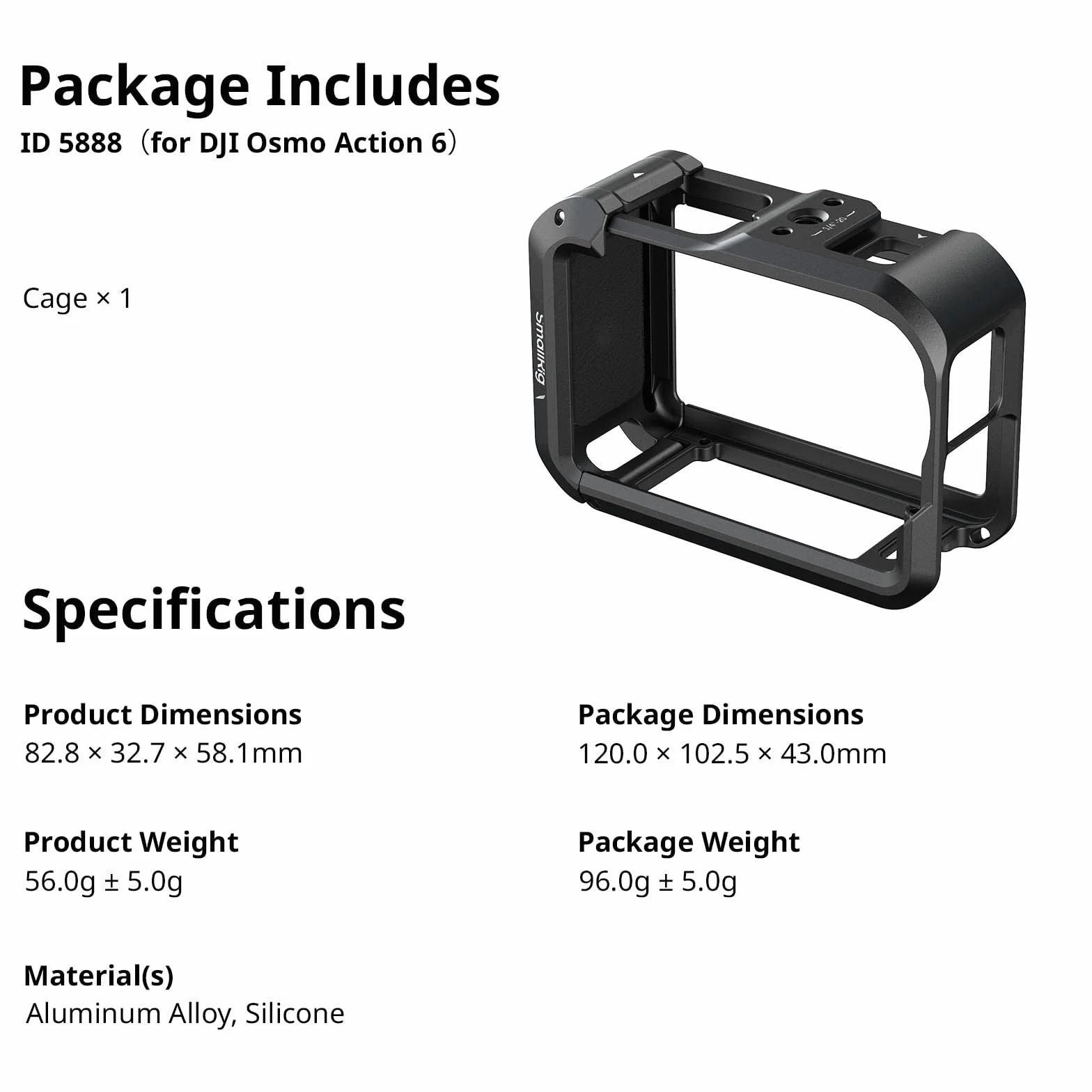 SMALLRIG Klatka Action 6 do DJI Osmo Action 6 z interfejsami rozszerzeń, zimną stopką, gwintem 1/4"-20, szybkozłączką, aluminiowa klatka do kamery akcji do DJI Action 6, ochronna klatka - 5888