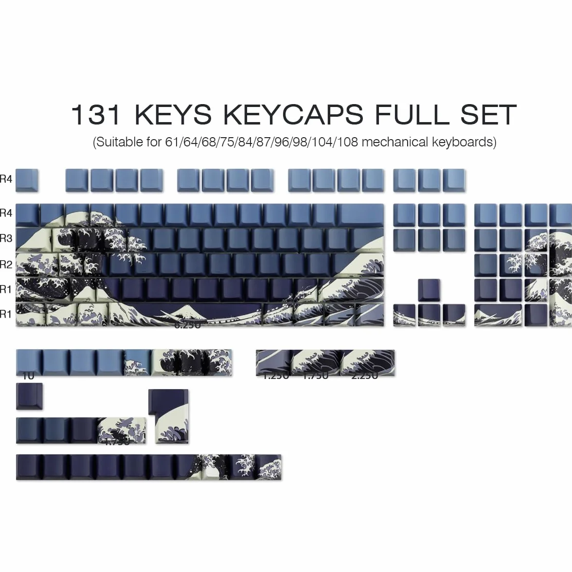 Hyekic Nasadki klawiszy PBT, 131 klawiszy Blue Ukiyo-e, profil Cherry, przezroczyste, przełączniki Cherry MX/Gateron, klawiatury mechaniczne