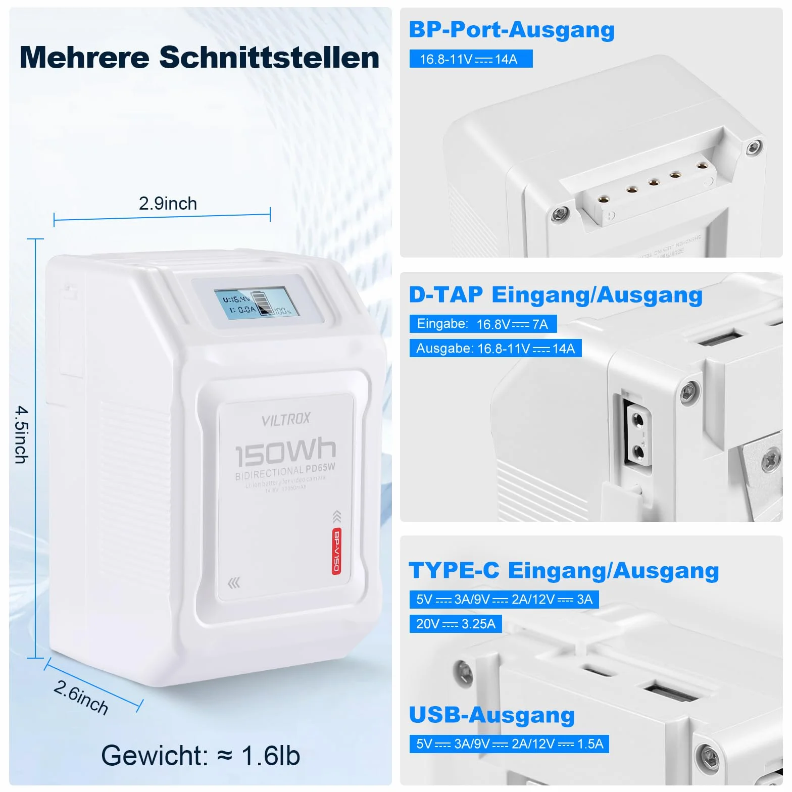 VILTROX BP-V99 V Mount Battery 6700mAh Mini V Lock 99Wh/14.8V z wyświetlaczem LCD, podwójnym wyjściem D-Tap i USB, biała Mini V Lock Battery do kamer, aparatów, lamp LED, monitorów
