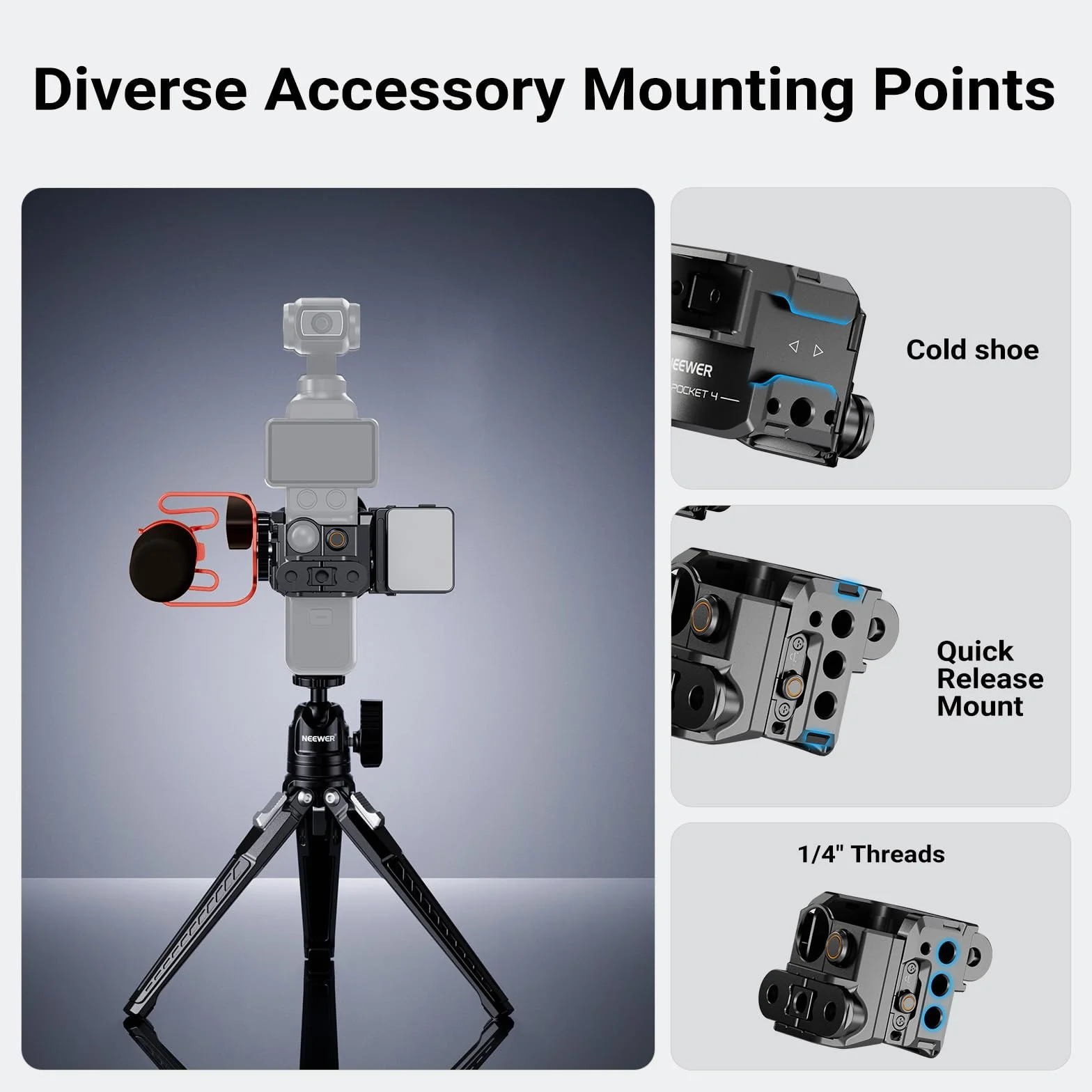 NEEWER Kieszeń na 4 klatki, uchwyt ochronny do DJI Osmo Pocket 4 stabilizowana kamera z adapterem na pazury, uchwyt na akcesoria i gwint 1/4", kompatybilny tylko z DJI Osmo Pocket 4, AC069