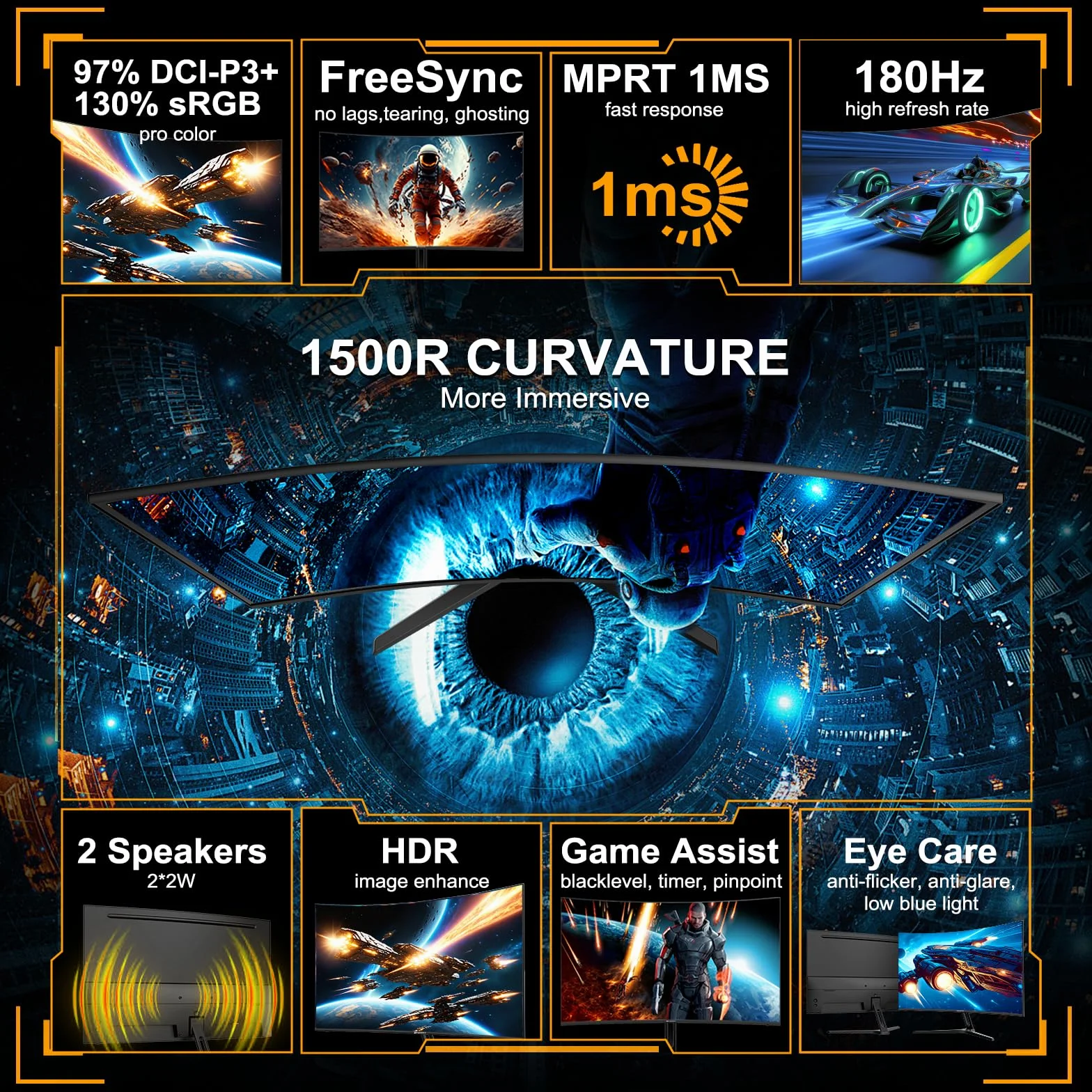 SANSUI Zakrzywiony monitor do gier 24 cale do 180 Hz MPRT 1 ms ze zintegrowanymi głośnikami, monitor komputerowy FHD 1080P Freesync 130% sRGB HDR, porty HDMI DP zamontować VESA wsparcie