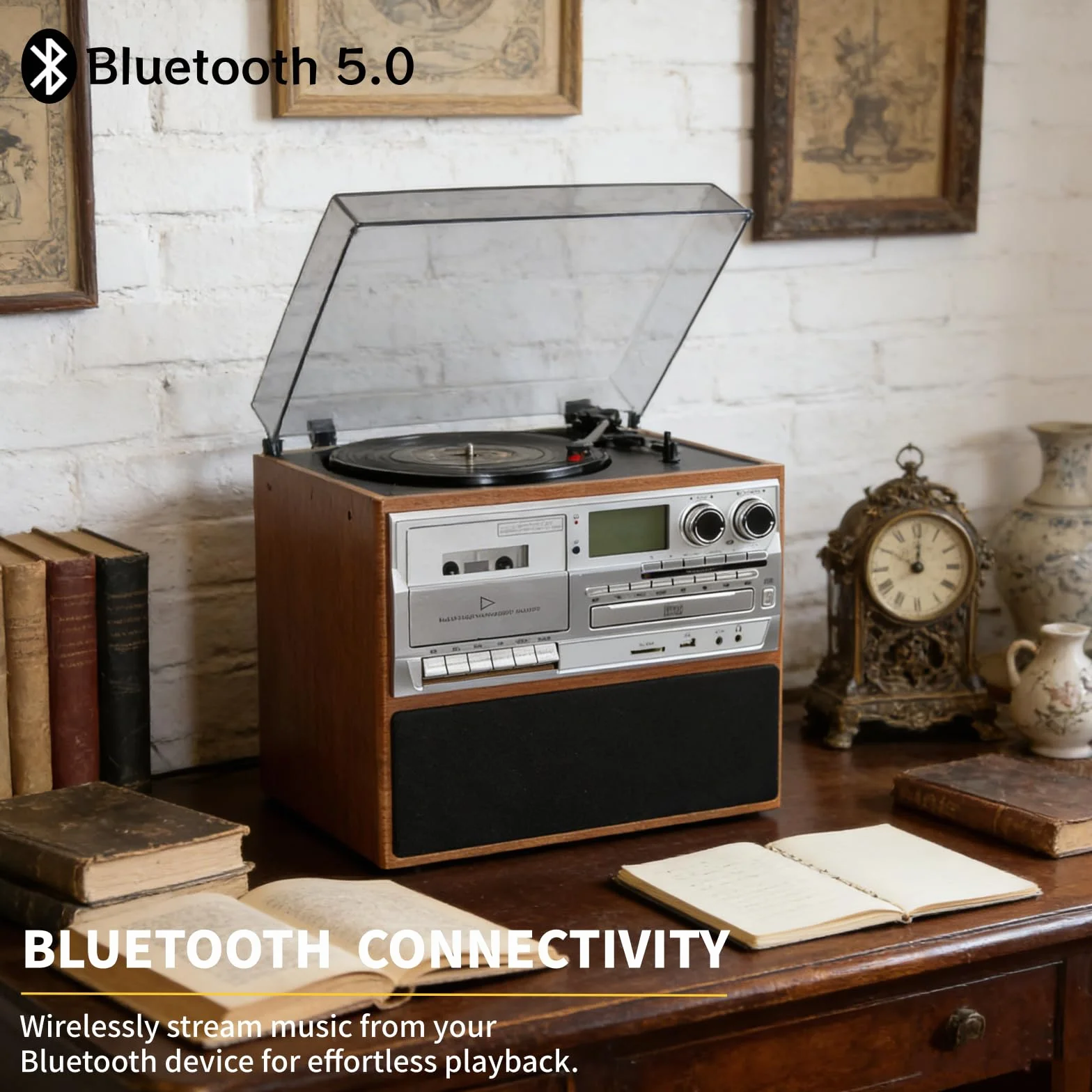 Gramofon i centrum multimedialne, 3-biegowy gramofon z wbudowanym odtwarzaczem CD i kasetowym, radio FM, bezprzewodowe przesyłanie muzyki, do domowej rozrywki w stylu vintage