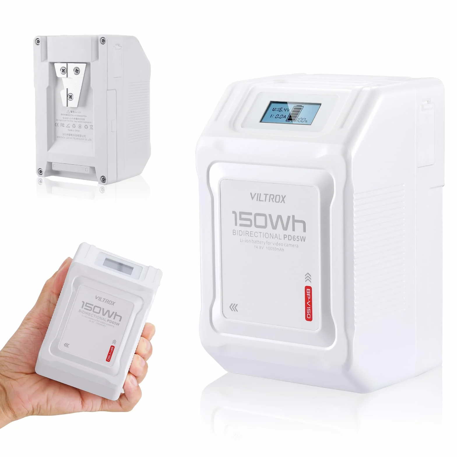 VILTROX BP-V99 V Mount Battery 6700mAh Mini V Lock 99Wh/14.8V z wyświetlaczem LCD, podwójnym wyjściem D-Tap i USB, biała Mini V Lock Battery do kamer, aparatów, lamp LED, monitorów