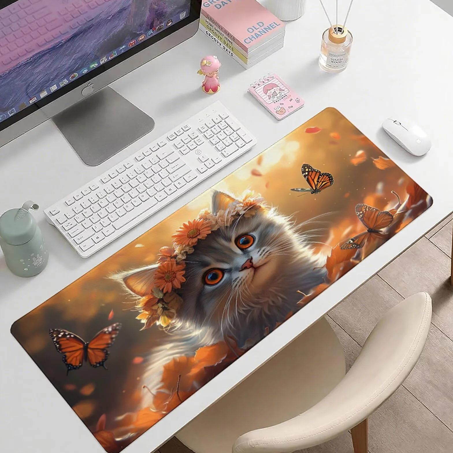 Żółta podkładka pod mysz XXL 1400 x 600 x 3 mm kot pod rękę biurko akcesoria antypoślizgowa gumowa podstawa i szyte krawędzie podkładka pod mysz dla graczy do dekoracji biura dekoracyjnego, prezenty