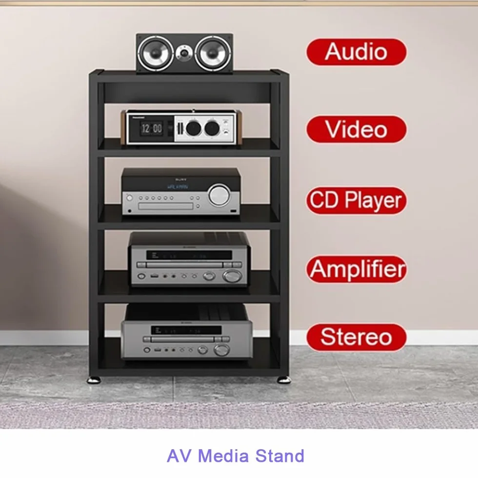 Stojak na komponenty audio, 3/4/5-poziomowy, wytrzymały, na media AV, wzmacniacz HiFi, wysokość 90 cm, stojak na amplituner stereo, gramofon (czarny, 3 poziomy, 50 x 40 x 48,5 cm)