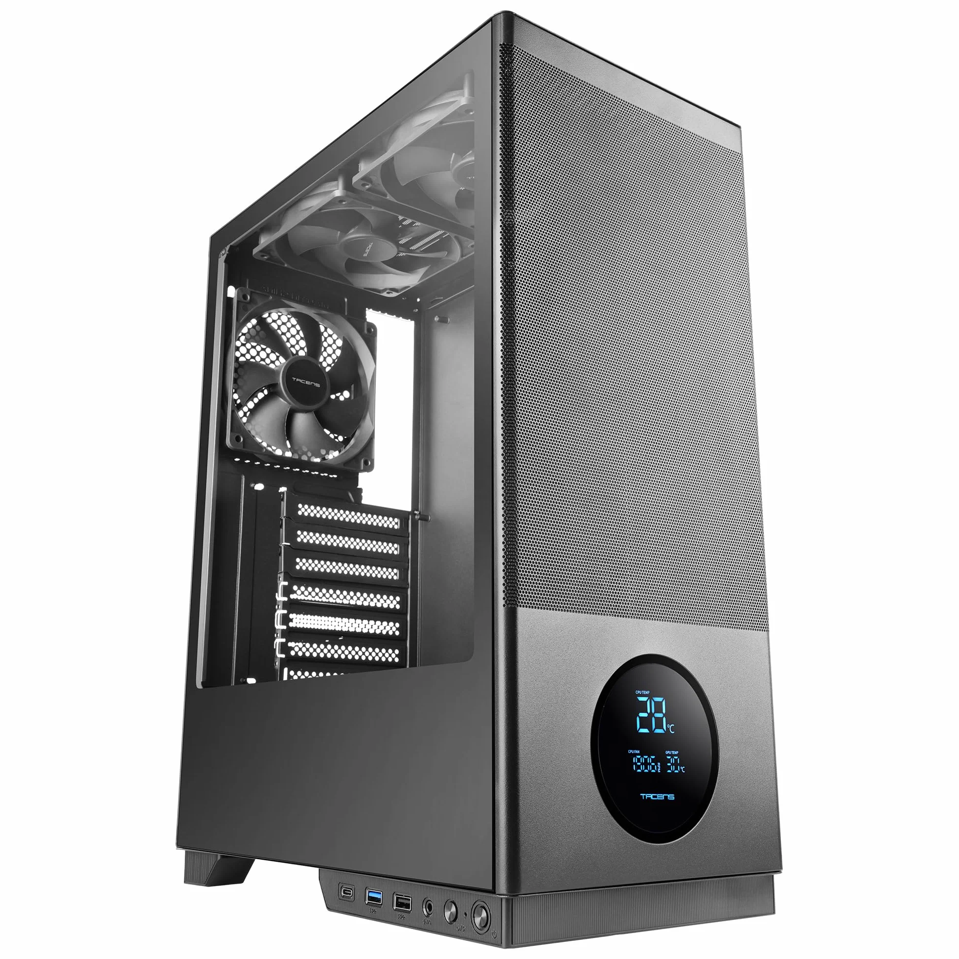 Tacens SAGITTA20, Obudowa PC ATX, Wyświetlacz LED z Temperaturami w Czasie Rzeczywistym, 3x Wentylatory 120mm, Boczne Szkło Hartowane, Przednia Metalowa Siatka Przeciwkurzowa, CableHatch, Czarny